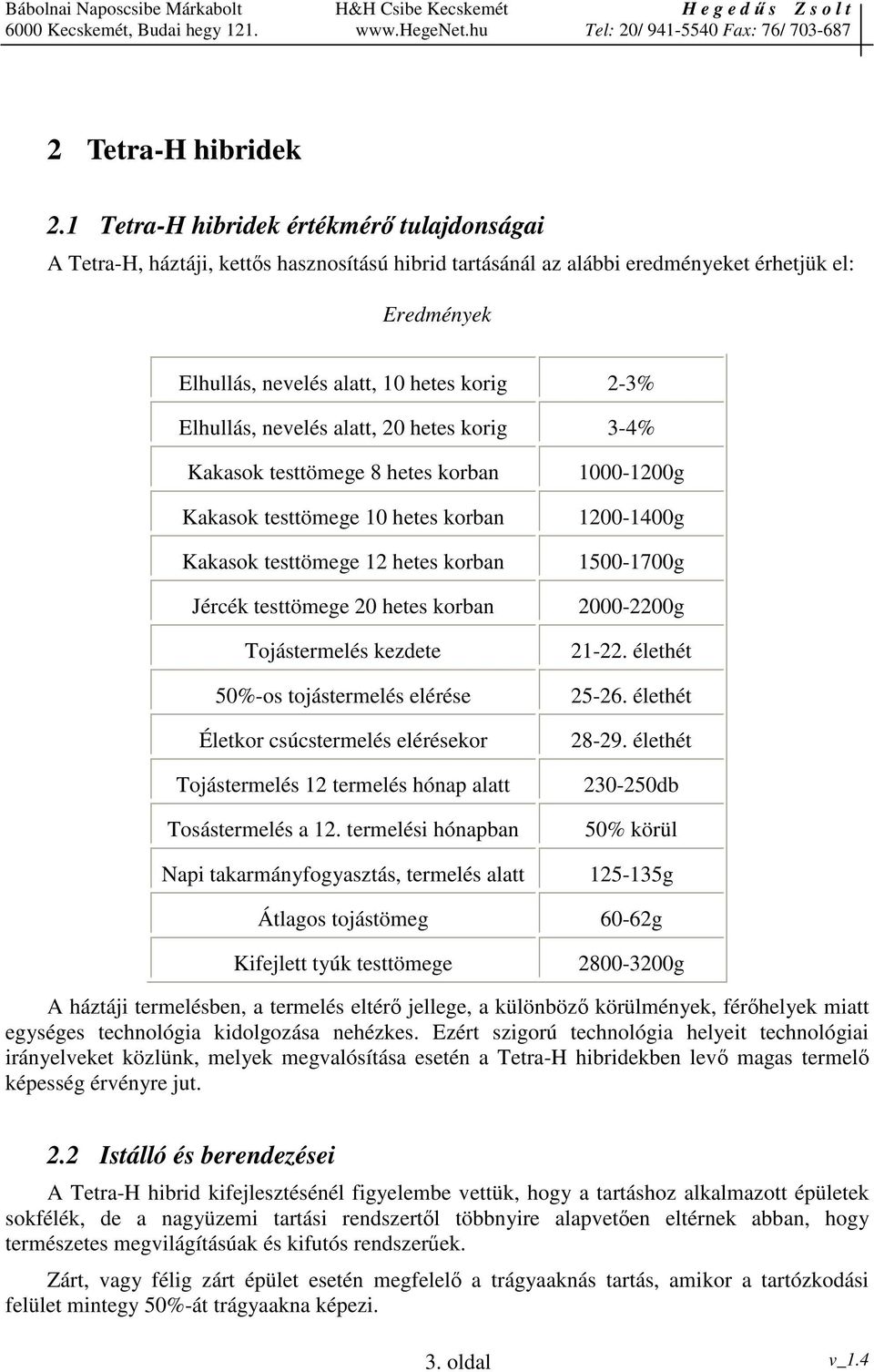 Elhullás, nevelés alatt, 20 hetes korig 3-4% Kakasok testtömege 8 hetes korban 1000-1200g Kakasok testtömege 10 hetes korban 1200-1400g Kakasok testtömege 12 hetes korban 1500-1700g Jércék testtömege
