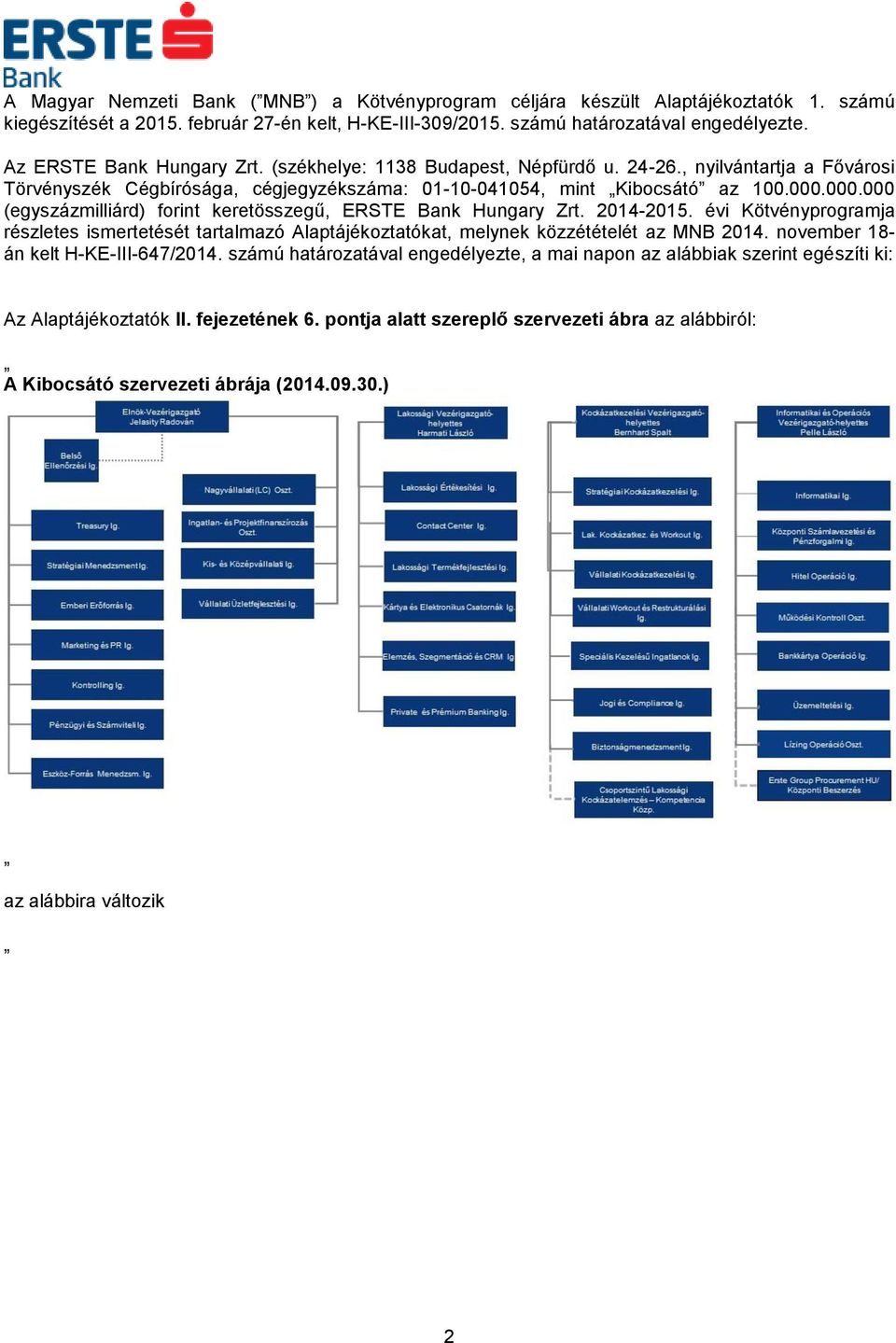 000.000 (egyszázmilliárd) forint keretösszegű, ERSTE Bank Hungary Zrt. 2014-2015. évi Kötvényprogramja részletes ismertetését tartalmazó Alaptájékoztatókat, melynek közzétételét az MNB 2014.