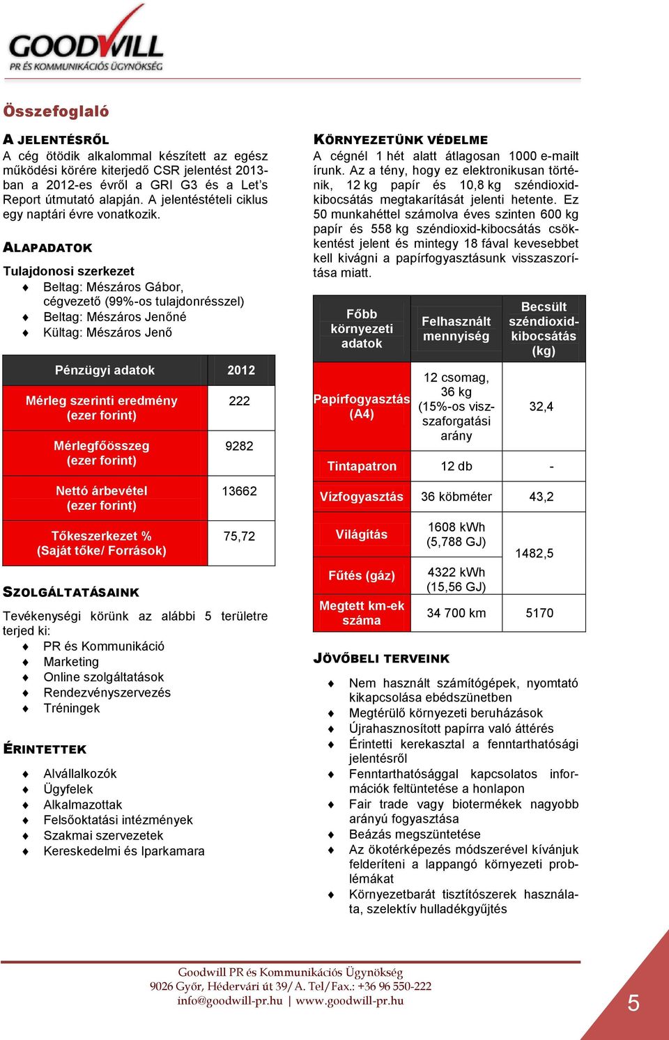 ALAPADATOK Tulajdonosi szerkezet Beltag: Mészáros Gábor, cégvezető (99%-os tulajdonrésszel) Beltag: Mészáros Jenőné Kültag: Mészáros Jenő Pénzügyi adatok 2012 Mérleg szerinti eredmény (ezer forint)