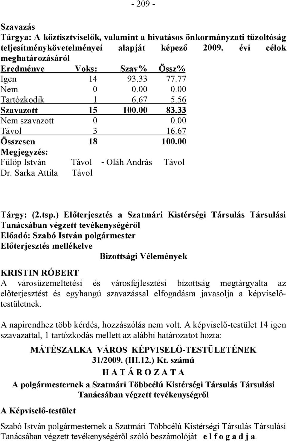 00 Megjegyzés: Fülöp István Távol - Oláh András Távol Dr. Sarka Attila Távol Tárgy: (2.tsp.