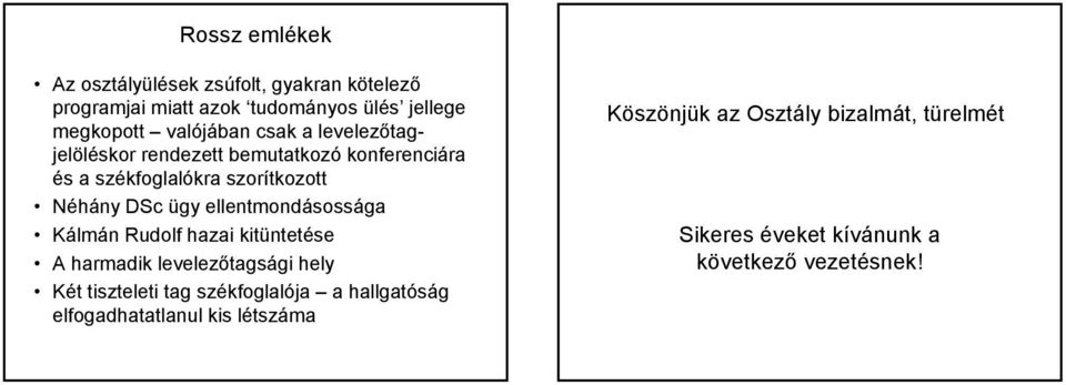 ügy ellentmondásossága Kálmán Rudolf hazai kitüntetése A harmadik levelezőtagsági hely Két tiszteleti tag székfoglalója