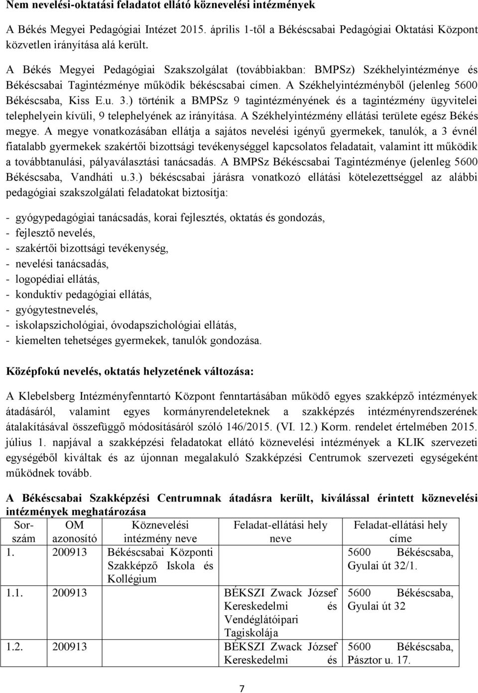 ) történik a BMPSz 9 tagintézményének és a tagintézmény ügyvitelei telephelyein kívüli, 9 telephelyének az irányítása. A Székhelyintézmény ellátási területe egész Békés megye.