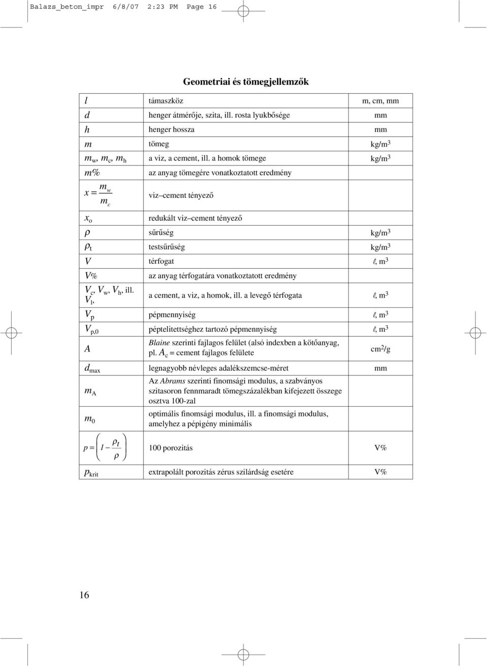 a homok tömege kg/m 3 m% az anyag tömegére vonatkoztatott eredmény mw x = mc víz cement tényezô x o redukált víz cement tényezô sûrûség kg/m 3 t testsûrûség kg/m 3 V térfogat l, m 3 V% az anyag