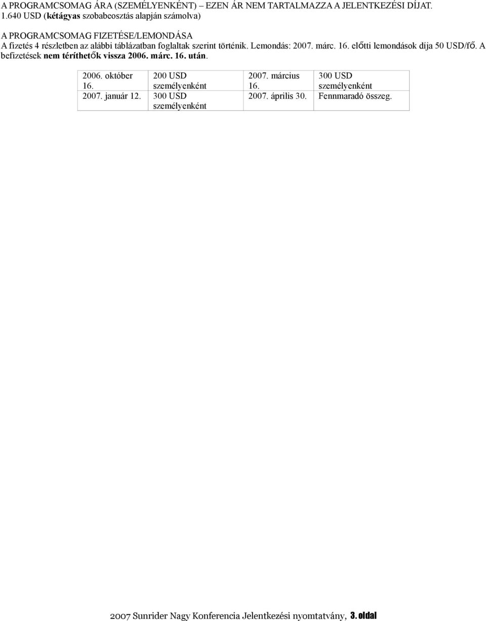 szerint történik. Lemondás: 2007. márc. 16. előtti lemondások díja 50 USD/f ő. A befizetések nem téríthető k vissza 2006. márc. 16. után. 2006. október 200 USD 16.