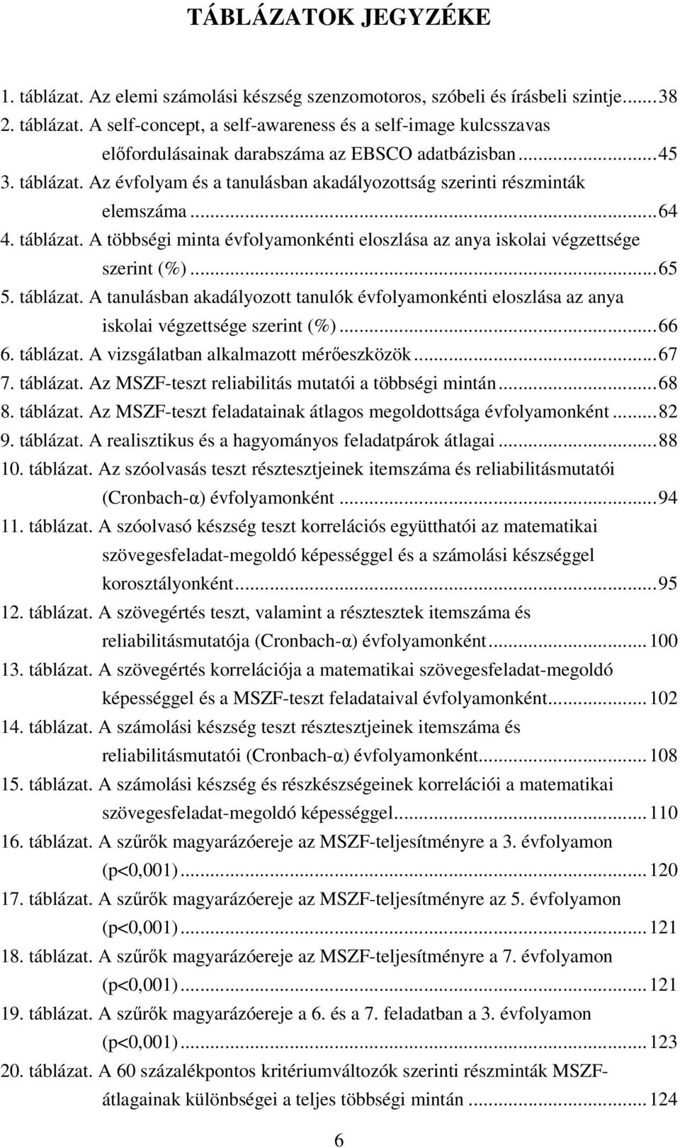.. 65 5. táblázat. A tanulásban akadályozott tanulók évfolyamonkénti eloszlása az anya iskolai végzettsége szerint (%)... 66 6. táblázat. A vizsgálatban alkalmazott mérőeszközök... 67 7. táblázat. Az MSZF-teszt reliabilitás mutatói a többségi mintán.