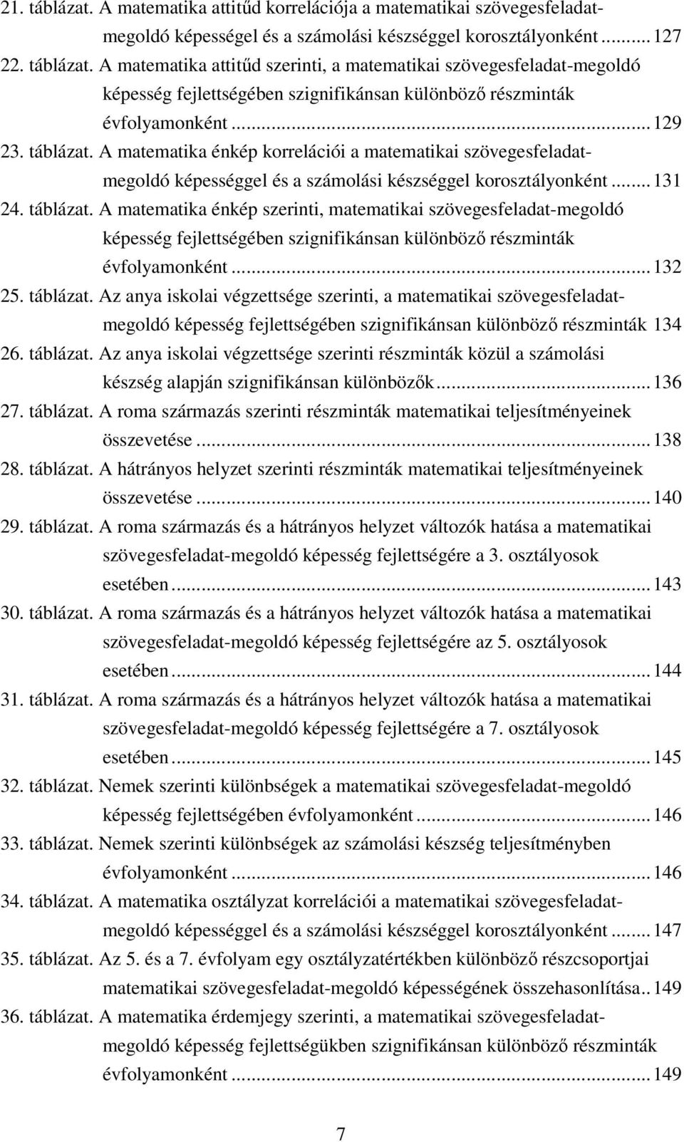 .. 132 25. táblázat. Az anya iskolai végzettsége szerinti, a matematikai szövegesfeladatmegoldó képesség fejlettségében szignifikánsan különböző részminták 134 26. táblázat. Az anya iskolai végzettsége szerinti részminták közül a számolási készség alapján szignifikánsan különbözők.