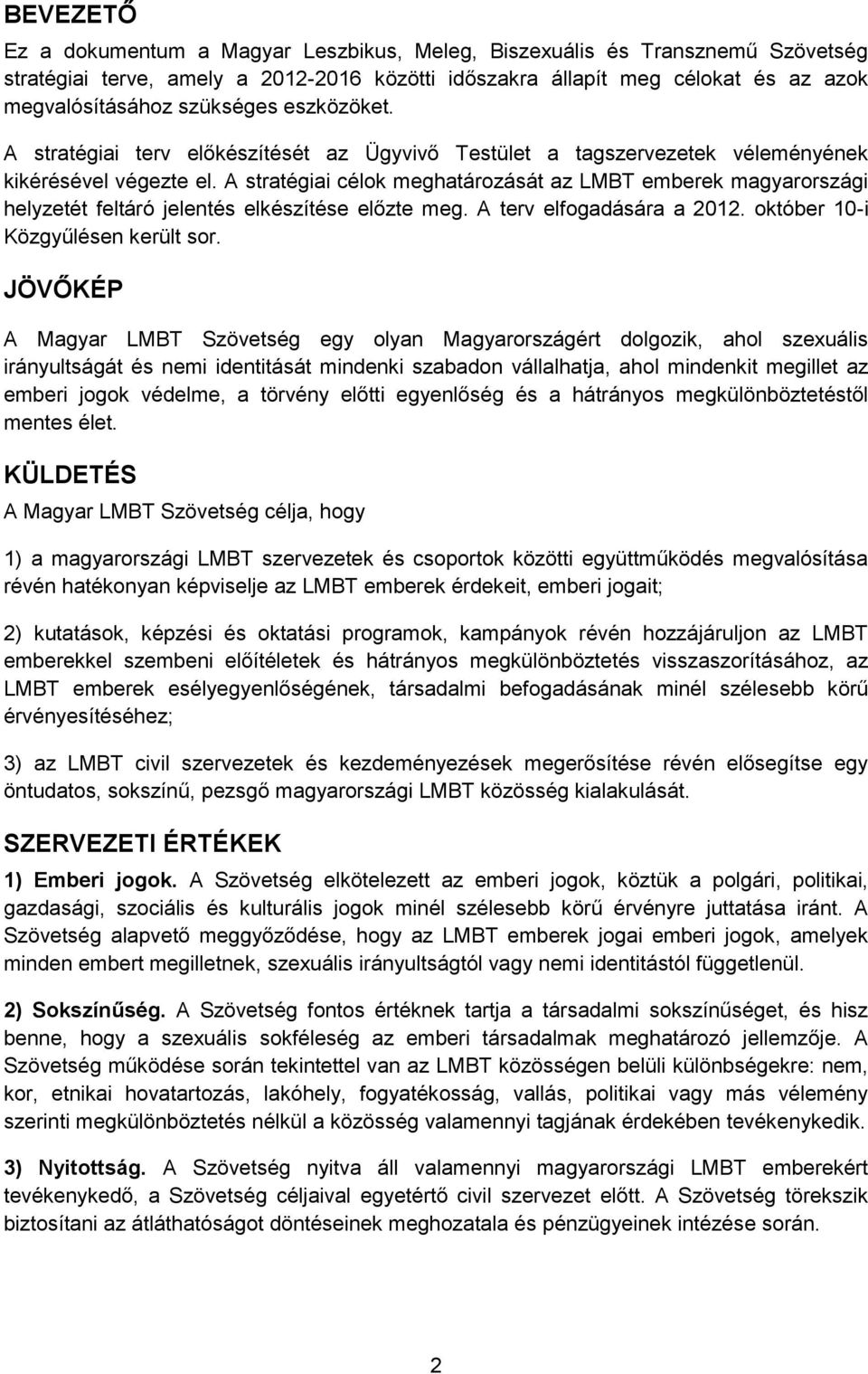 A stratégiai célok meghatározását az LMBT emberek magyarországi helyzetét feltáró jelentés elkészítése előzte meg. A terv elfogadására a 2012. október 10-i Közgyűlésen került sor.