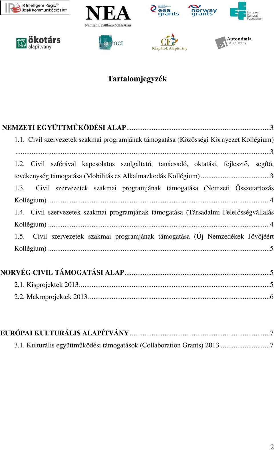 1.3. Civil szervezetek szakmai programjának támogatása (Nemzeti Összetartozás Kollégium)...4 1.4. Civil szervezetek szakmai programjának támogatása (Társadalmi Felelősségvállalás Kollégium)...4 1.5.