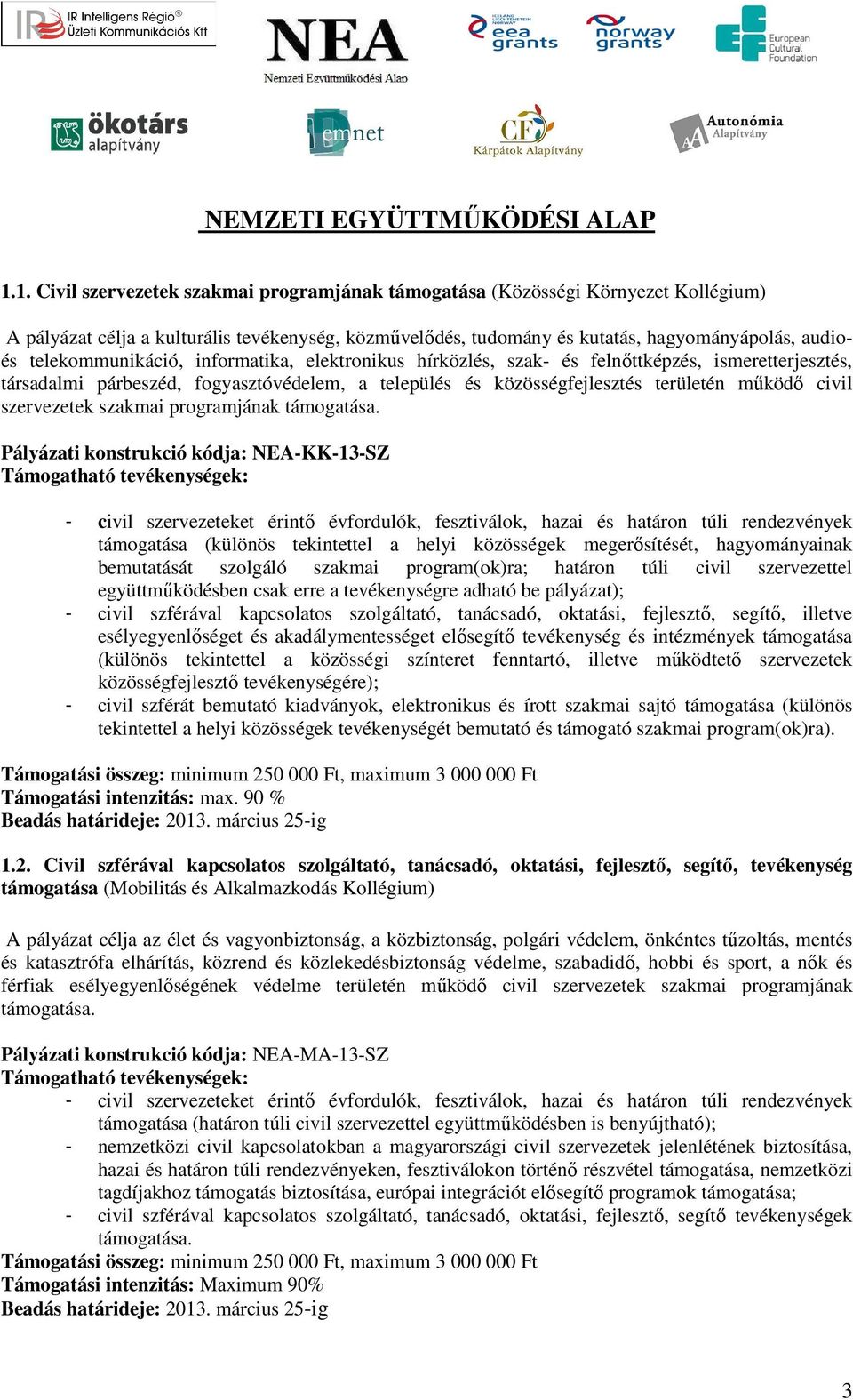 telekommunikáció, informatika, elektronikus hírközlés, szak- és felnőttképzés, ismeretterjesztés, társadalmi párbeszéd, fogyasztóvédelem, a település és közösségfejlesztés területén működő civil