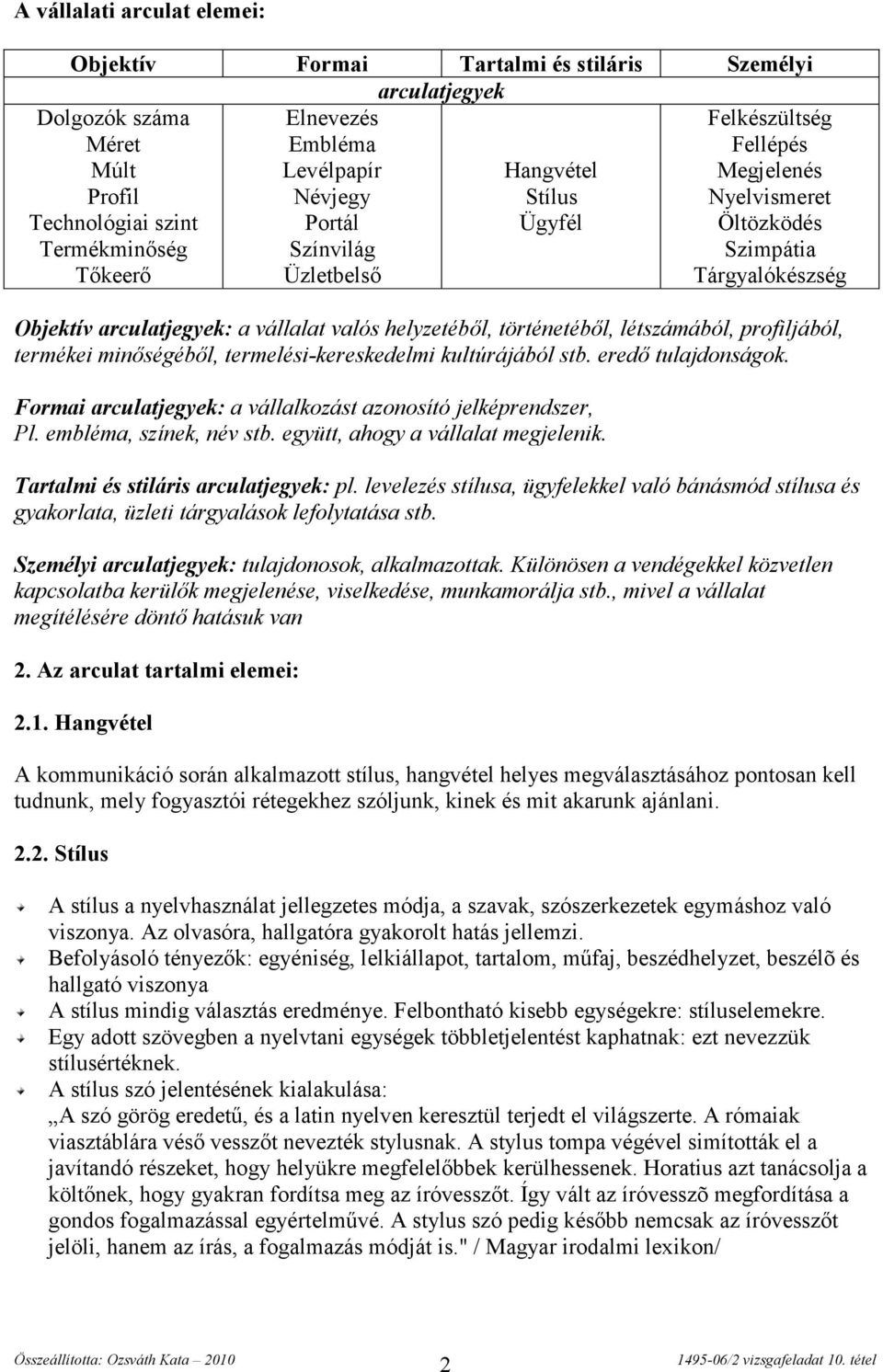történetéből, létszámából, profiljából, termékei minőségéből, termelési-kereskedelmi kultúrájából stb. eredő tulajdonságok. Formai arculatjegyek: a vállalkozást azonosító jelképrendszer, Pl.