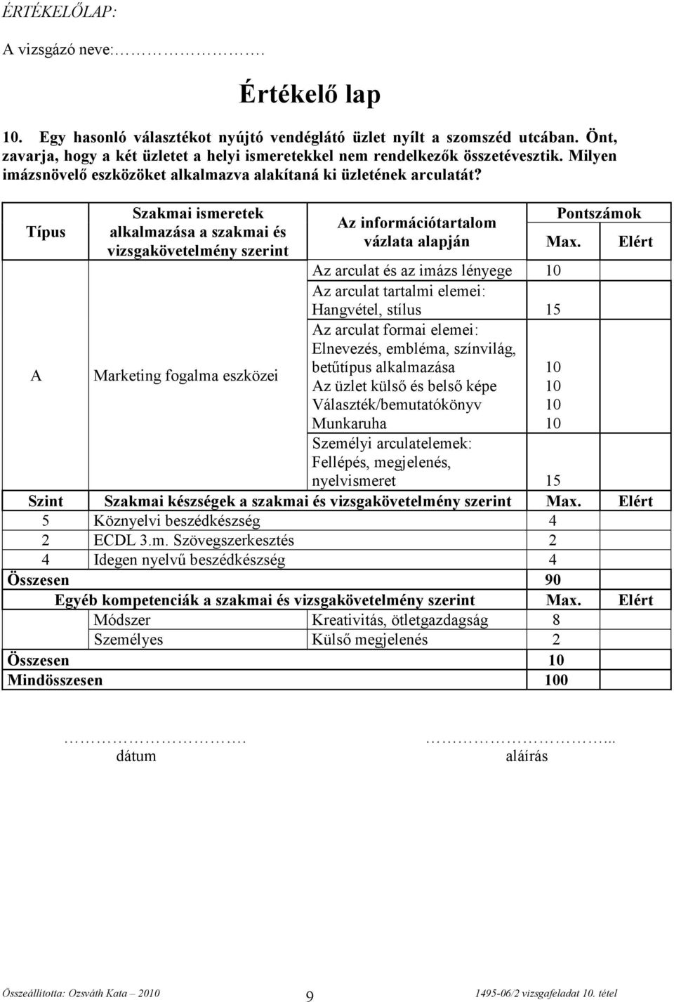 Típus A Szakmai ismeretek alkalmazása a szakmai és vizsgakövetelmény szerint Marketing fogalma eszközei Az információtartalom vázlata alapján Pontszámok Max.