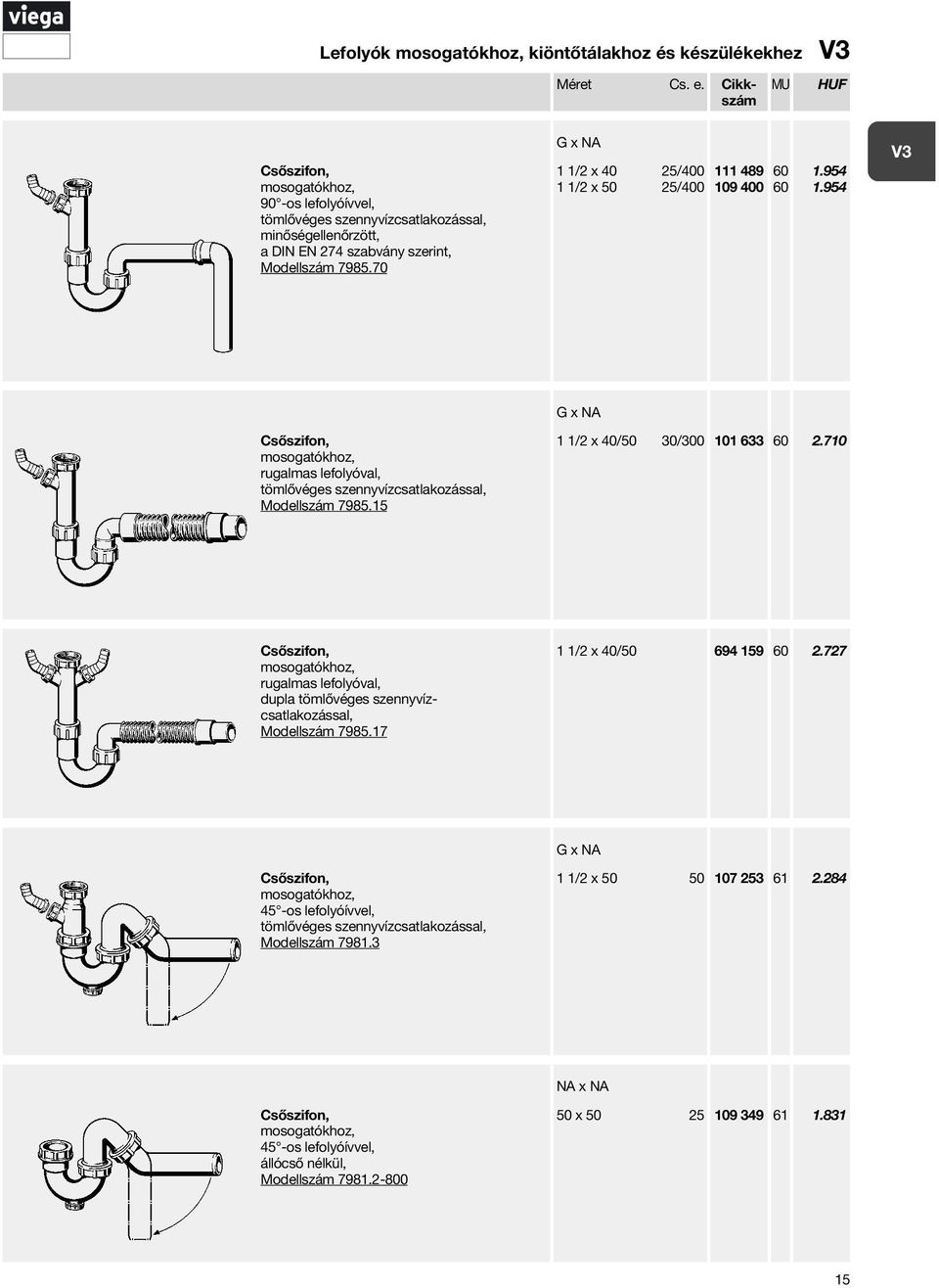 15 G x NA 1 1/2 x 40/50 30/300 101 633 60 2.710 Csőszifon, rugalmas lefolyóval, dupla Modellszám 7985.17 1 1/2 x 40/50 694 159 60 2.