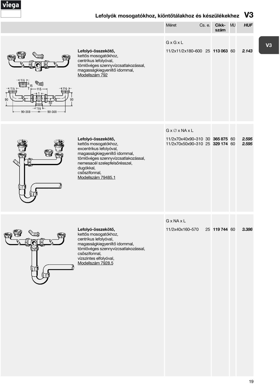 143 Lefolyó-összekötő, kettős excentrikus lefolyóval, magasságkiegyenlítő idommal, nemesacél szelepfelsőrésszel, dugókkal, csőszifonnal, Modellszám 79485.