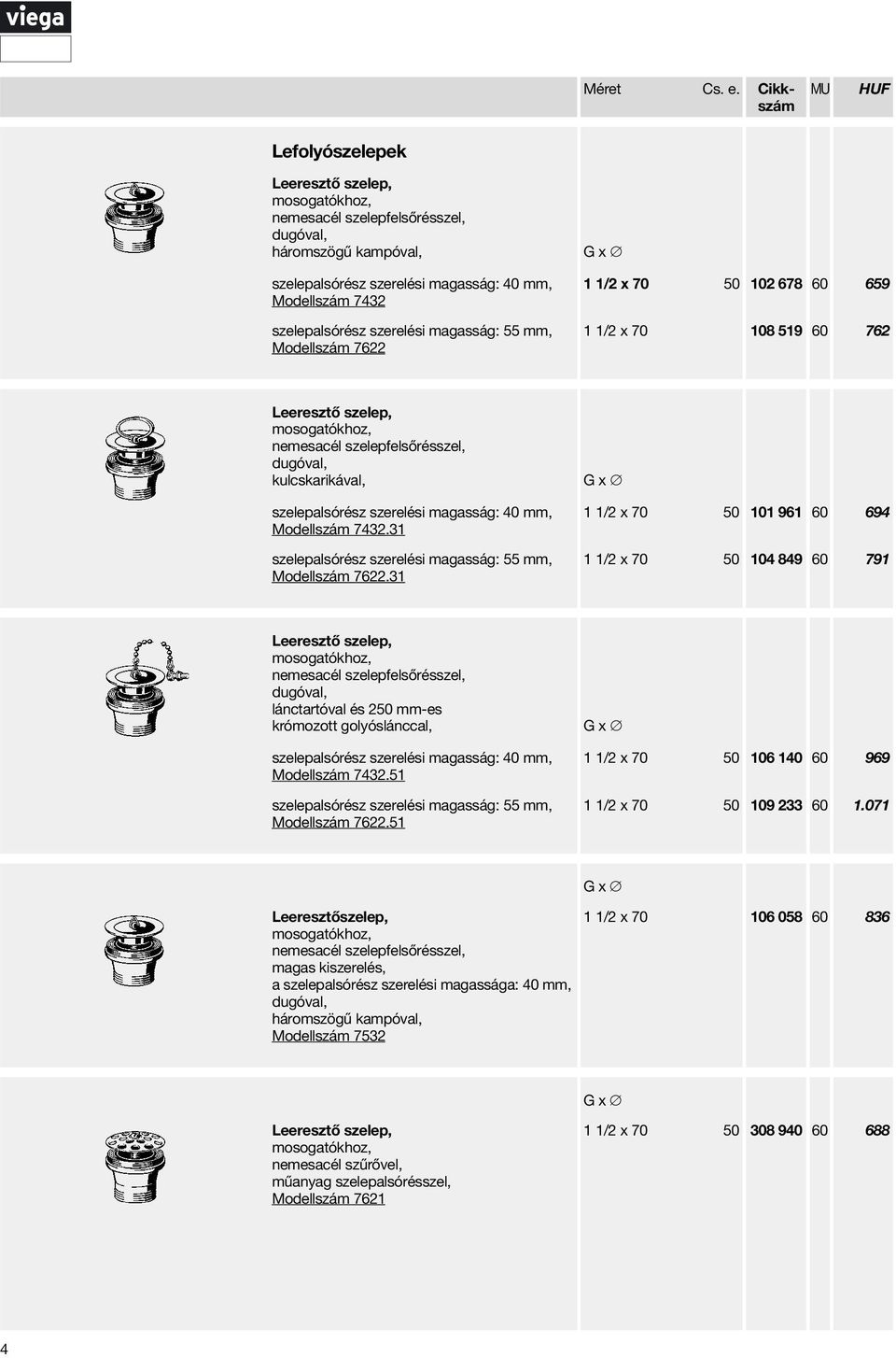 mm, Modellszám 7622 1 1/2 x 70 50 102 678 60 659 1 1/2 x 70 108 519 60 762 Leeresztő szelep, nemesacél szelepfelsőrésszel, dugóval, kulcskarikával, szelepalsórész szerelési magasság: 40 mm,