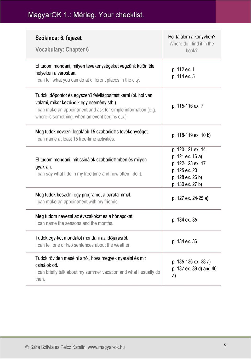 ) p. 115-116 ex. 7 Meg tudok nevezni legalább 15 szabadidős tevékenységet. I can name at least 15 free-time activities. El tudom mondani, mit csinálok szabadidőmben és milyen gyakran.