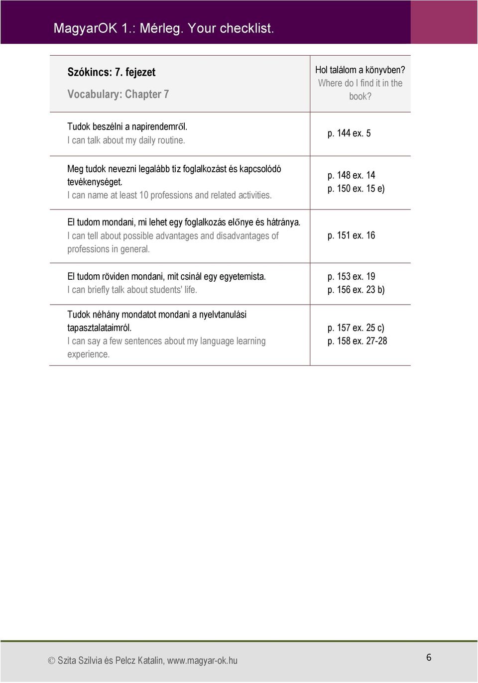 I can tell about possible advantages and disadvantages of professions in general. El tudom röviden mondani, mit csinál egy egyetemista. I can briefly talk about students' life.