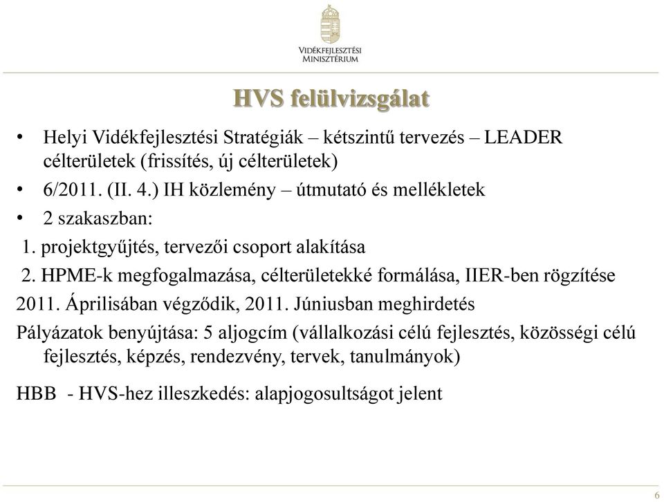 HPME-k megfogalmazása, célterületekké formálása, IIER-ben rögzítése 2011. Áprilisában végződik, 2011.