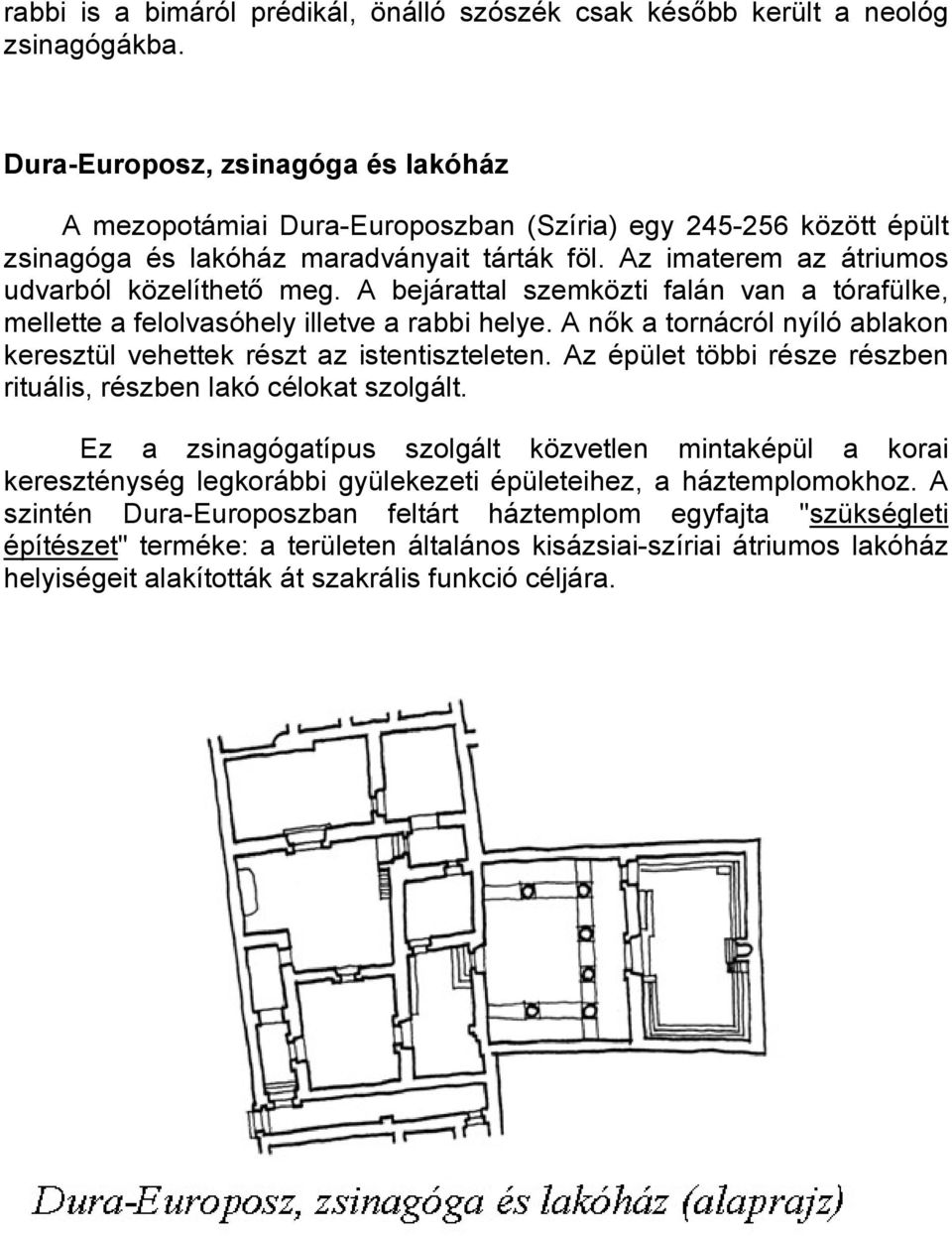 A bejárattal szemközti falán van a tórafülke, mellette a felolvasóhely illetve a rabbi helye. A nık a tornácról nyíló ablakon keresztül vehettek részt az istentiszteleten.