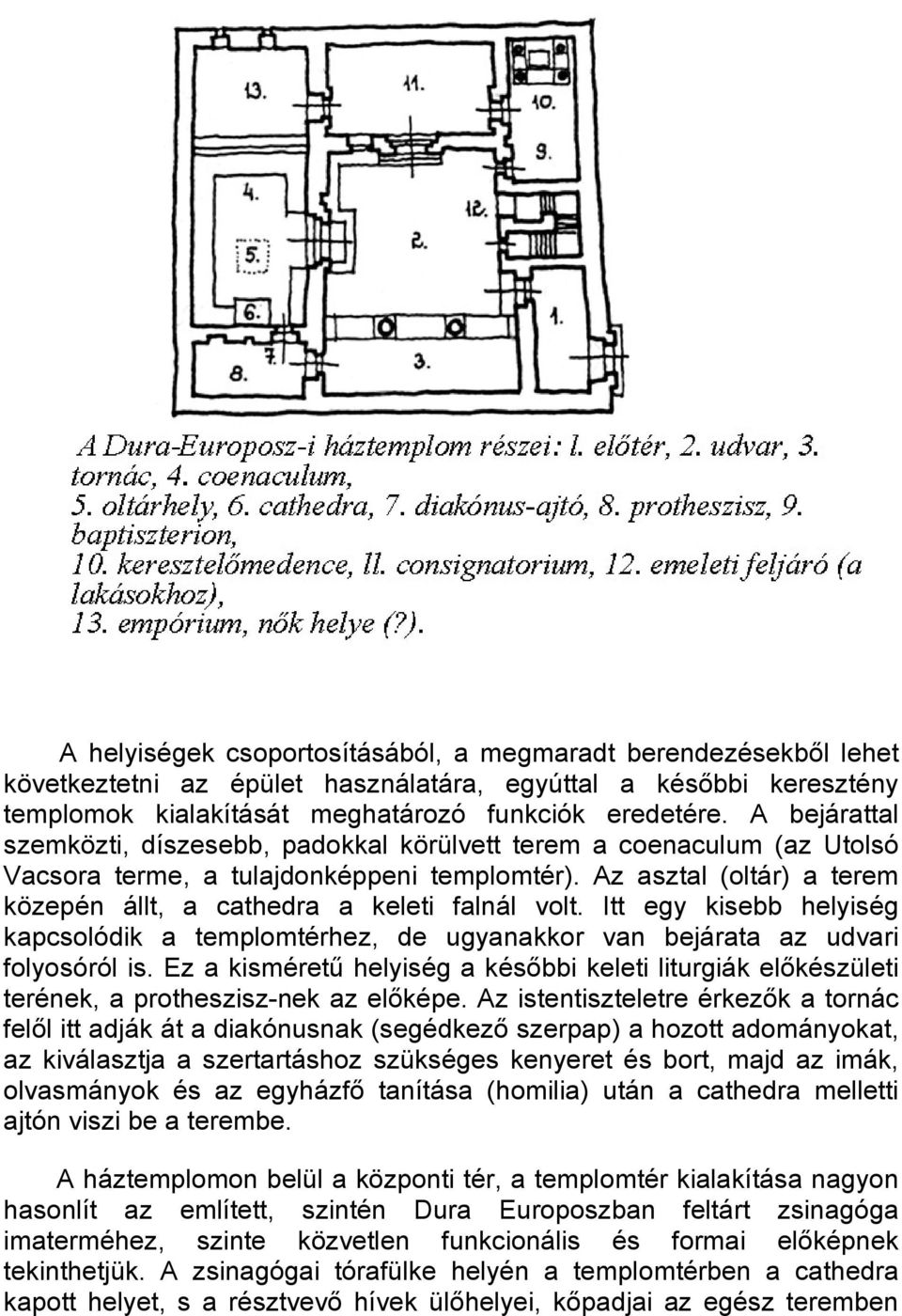 Az asztal (oltár) a terem közepén állt, a cathedra a keleti falnál volt. Itt egy kisebb helyiség kapcsolódik a templomtérhez, de ugyanakkor van bejárata az udvari folyosóról is.