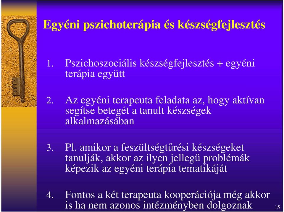 Az egyéni terapeuta feladata az, hogy aktívan segítse betegét a tanult készségek alkalmazásában 3. Pl.