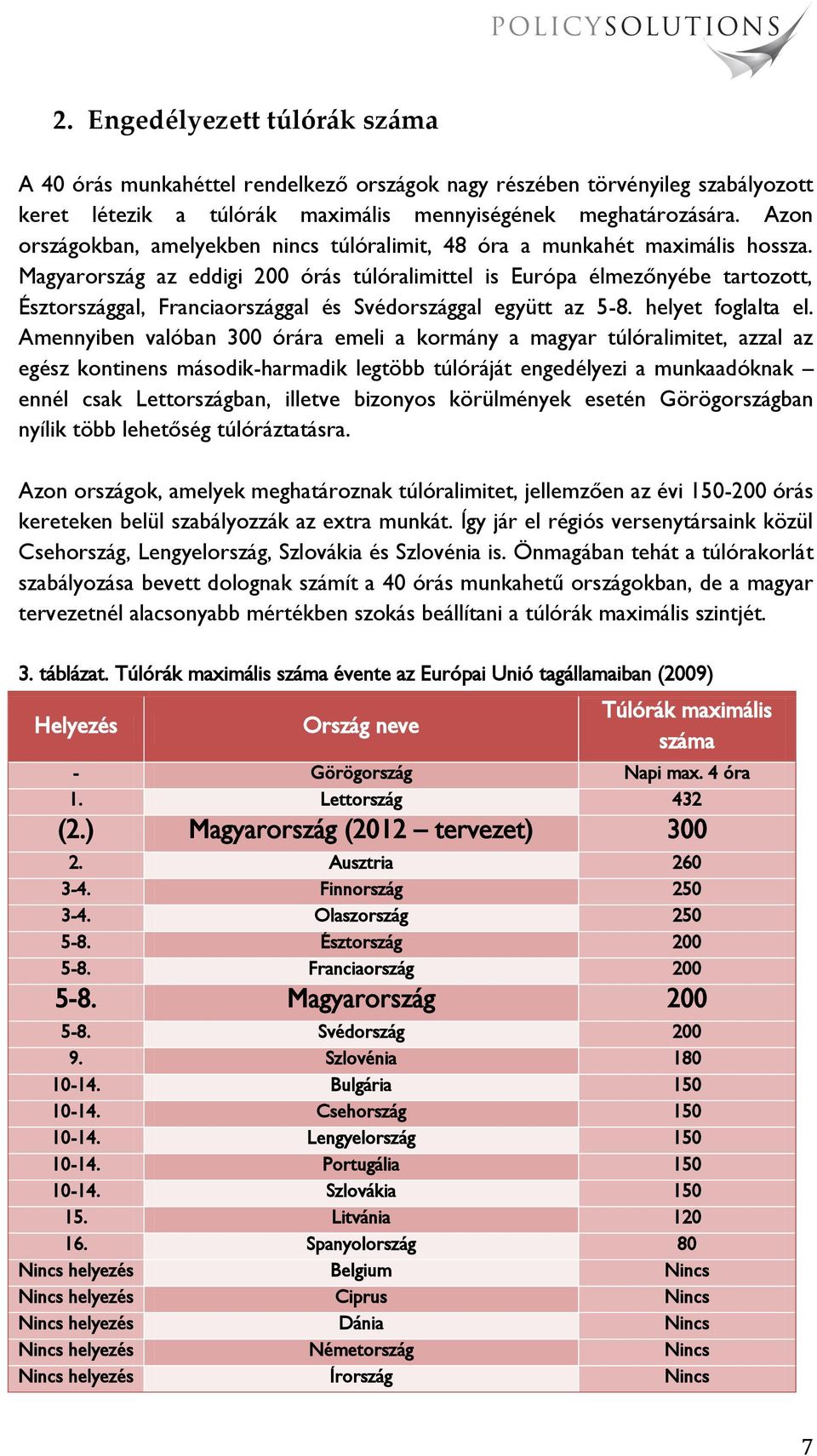 Magyarország az eddigi 200 órás túlóralimittel is Európa élmezőnyébe tartozott, Észtországgal, Franciaországgal és Svédországgal együtt az 5-8. helyet foglalta el.