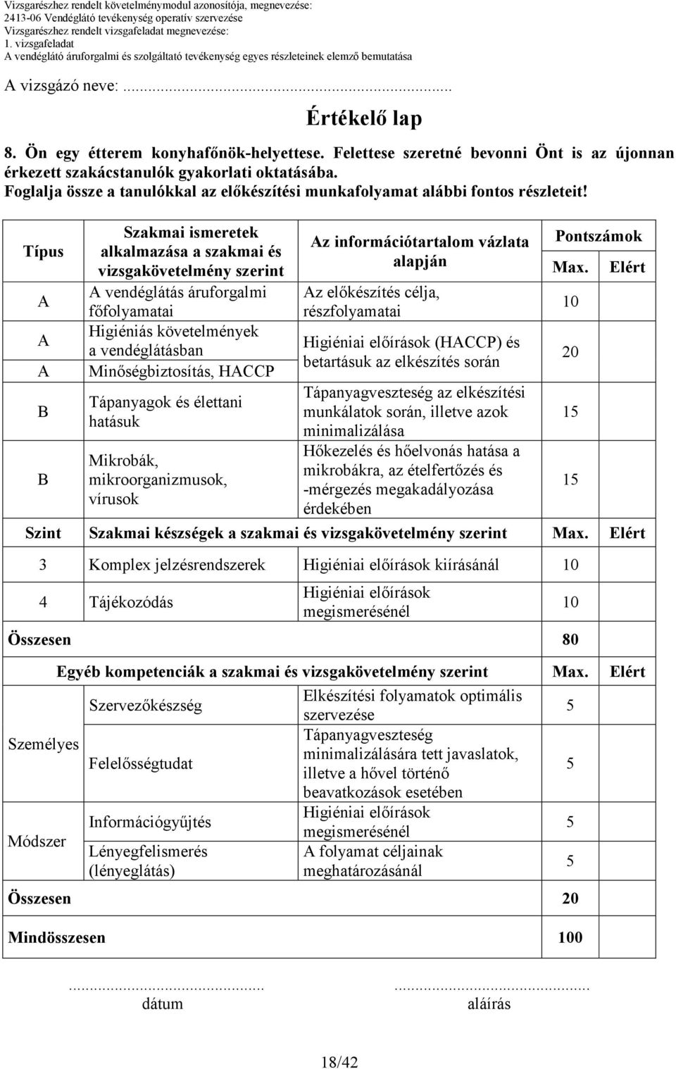 Típus Szakmai ismeretek alkalmazása a szakmai és vizsgakövetelmény szerint vendéglátás áruforgalmi fıfolyamatai Higiéniás követelmények a vendéglátásban Minıségbiztosítás, HCCP Tápanyagok és élettani