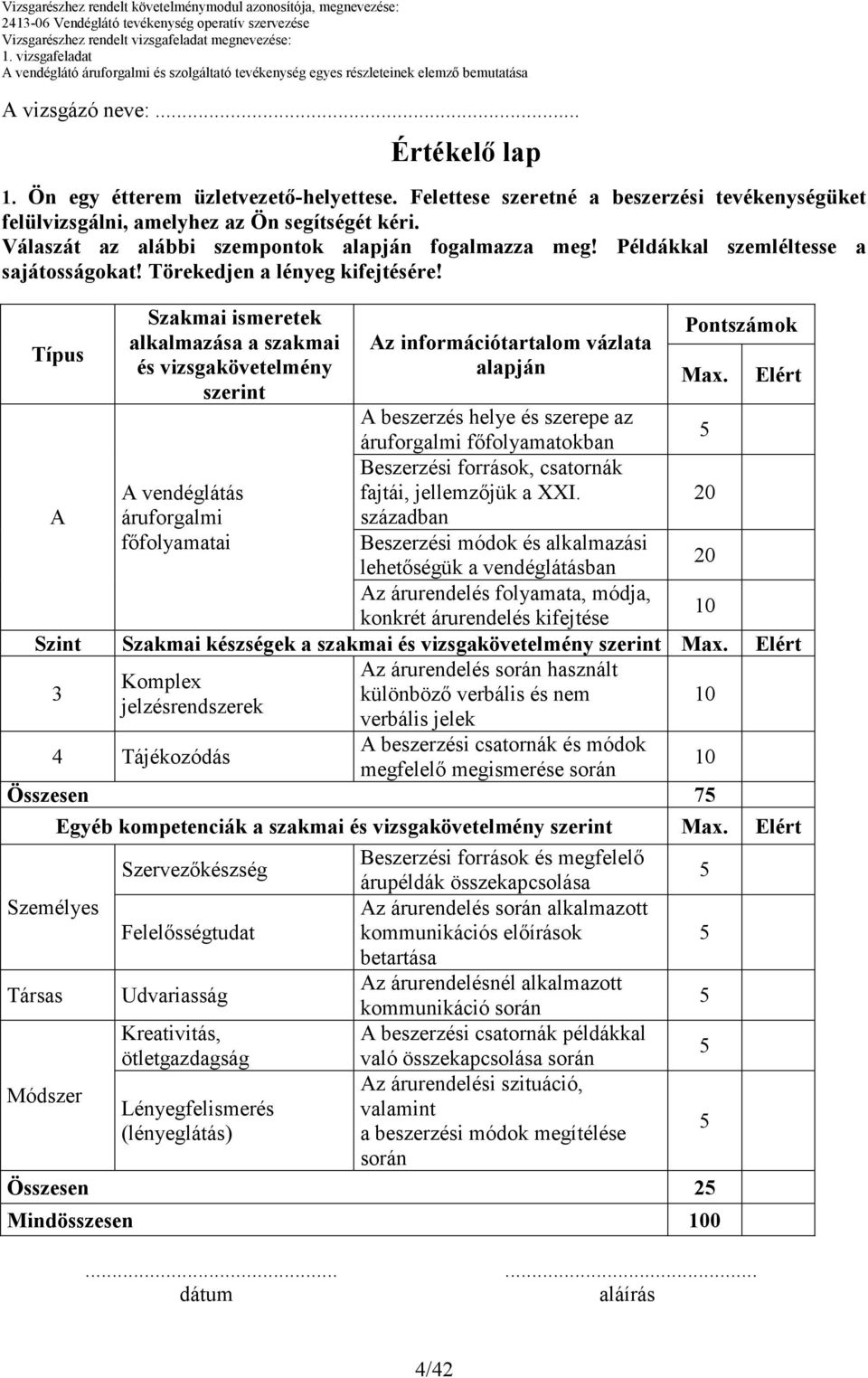 Típus Szakmai ismeretek alkalmazása a szakmai és vizsgakövetelmény szerint z információtartalom vázlata alapján Pontszámok Max.