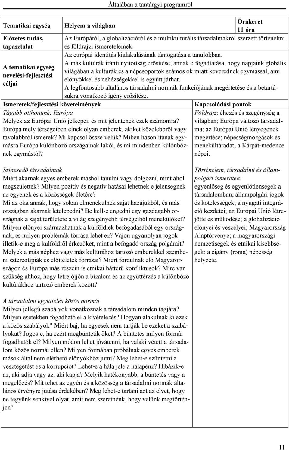 A más kultúrák iránti nyitottság erősítése; annak elfogadtatása, hogy napjaink globális A tematikai egység világában a kultúrák és a népcsoportok számos ok miatt keverednek egymással, ami