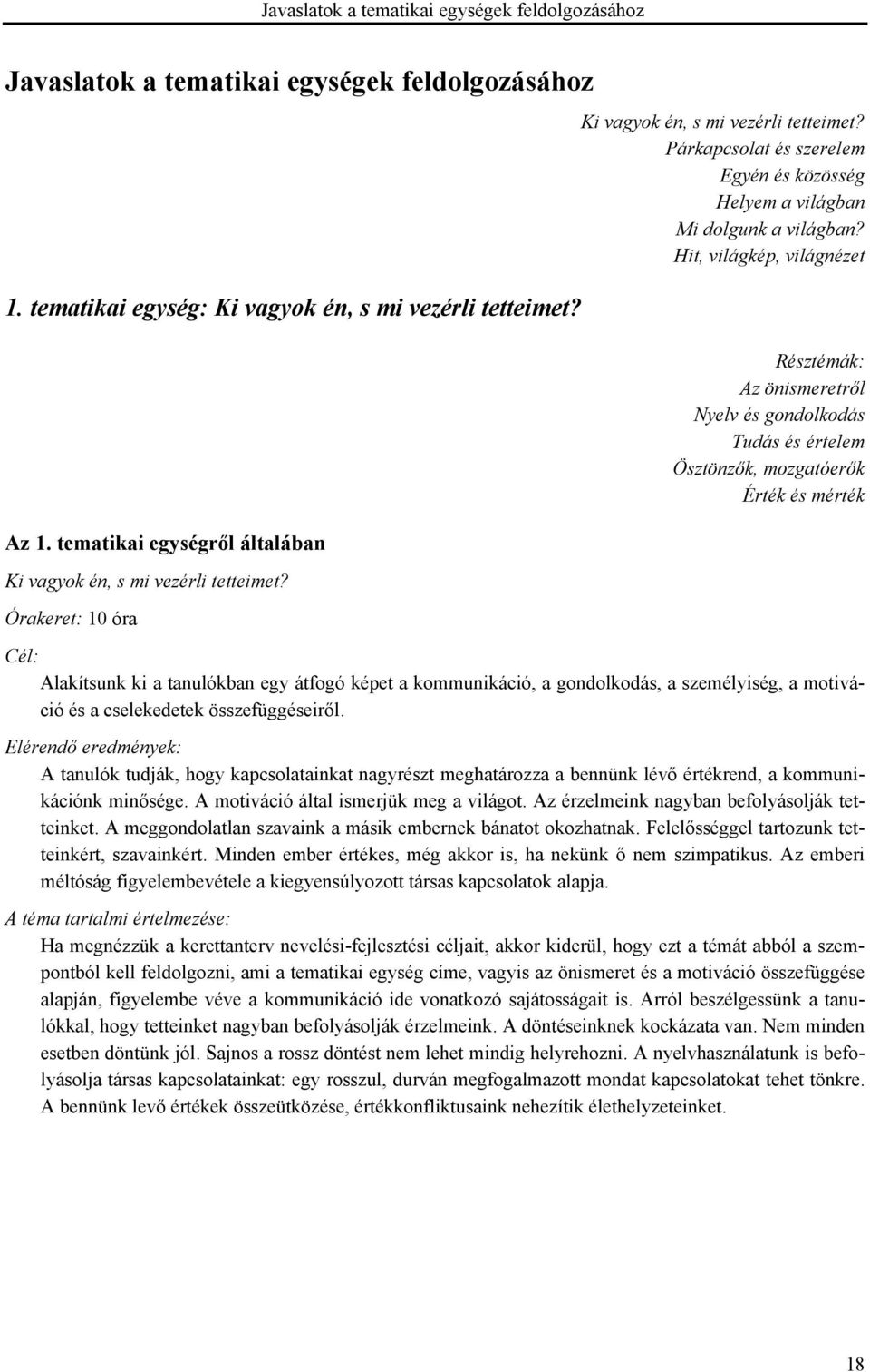 Hit, világkép, világnézet Résztémák: Az önismeretről Nyelv és gondolkodás Tudás és értelem Ösztönzők, mozgatóerők Érték és mérték Cél: Alakítsunk ki a tanulókban egy átfogó képet a kommunikáció, a