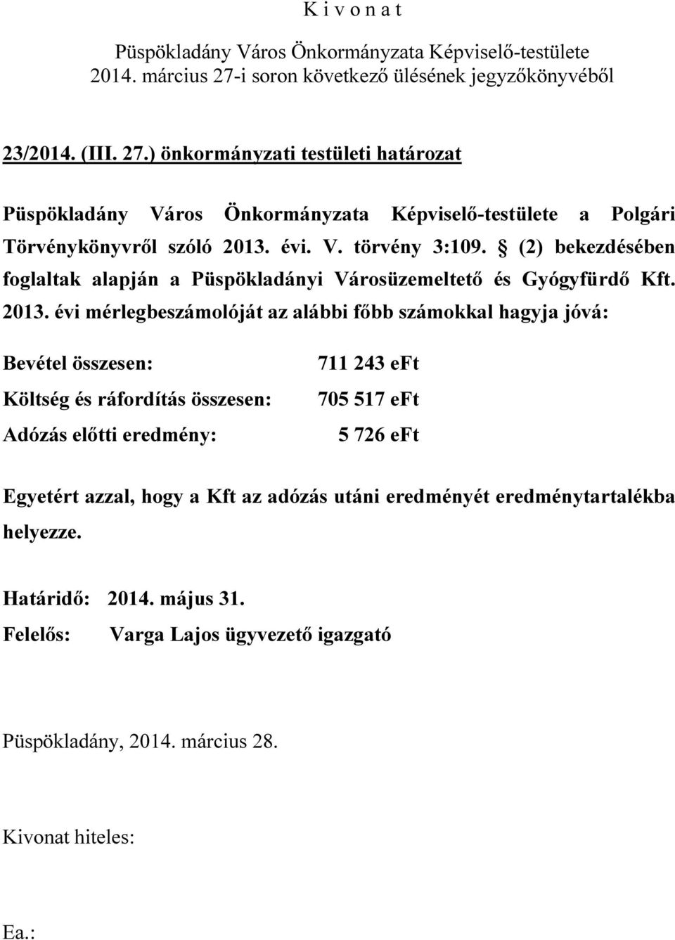 évi mérlegbeszámolóját az alábbi főbb számokkal hagyja jóvá: Bevétel összesen: Költség és ráfordítás összesen: Adózás előtti