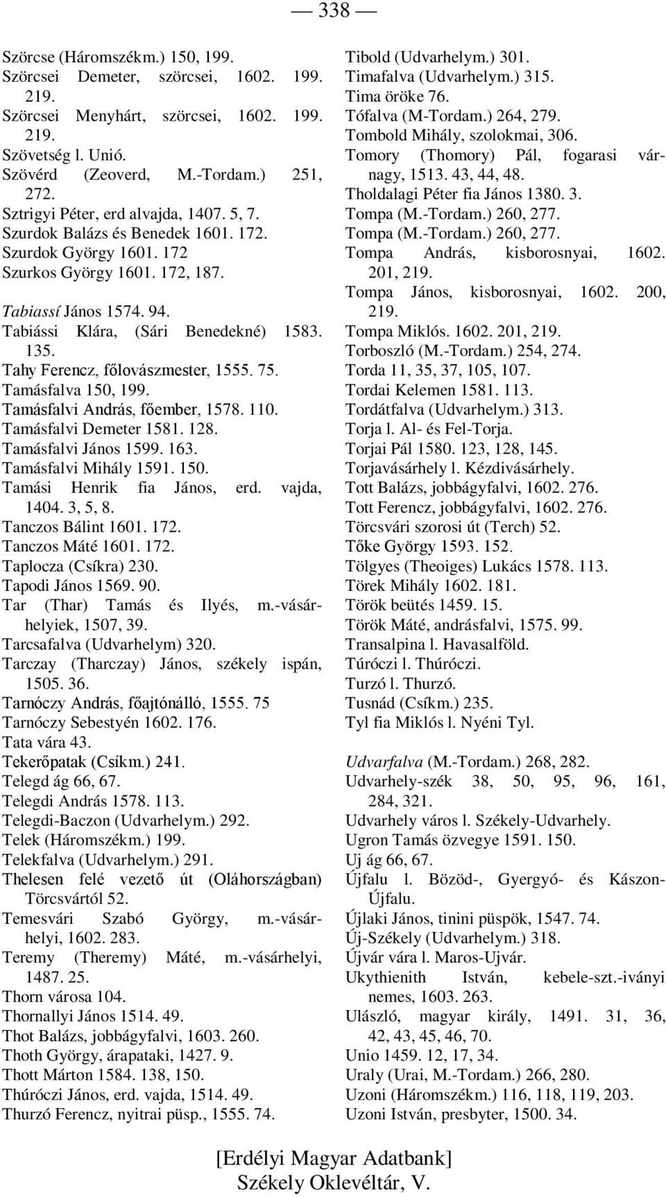 135. Tahy Ferencz, főlovászmester, 1555. 75. Tamásfalva 150, 199. Tamásfalvi András, főember, 1578. 110. Tamásfalvi Demeter 1581. 128. Tamásfalvi János 1599. 163. Tamásfalvi Mihály 1591. 150. Tamási Henrik fia János, erd.