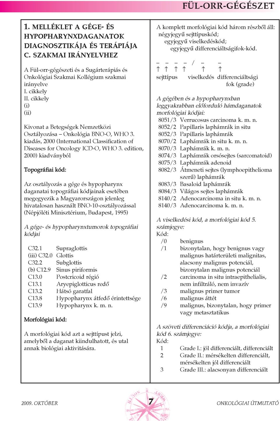 edition, 2000) kiadványból Topográfiai kód: Az osztályozás a gége és hypopharynx daganatai topográfiai kódjainak esetében megegyezik a Magyarországon jelenleg hivatalosan használt