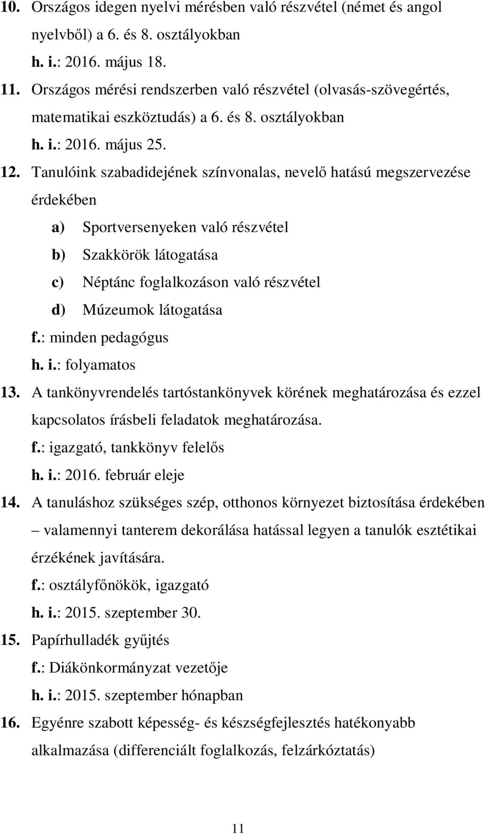 Tanulóink szabadidejének színvonalas, nevel hatású megszervezése érdekében a) Sportversenyeken való részvétel b) Szakkörök látogatása c) Néptánc foglalkozáson való részvétel d) Múzeumok látogatása f.