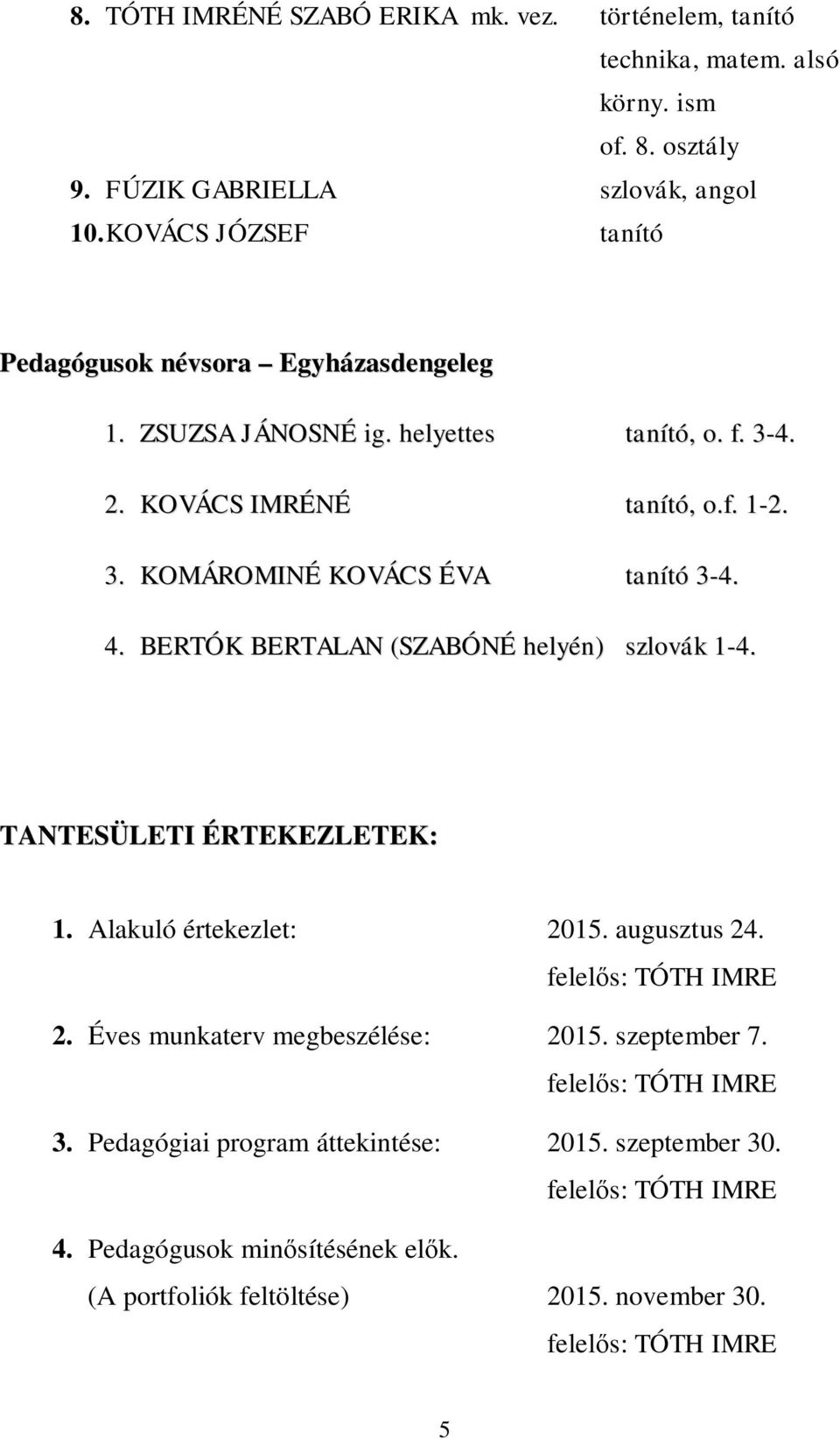 4. BERTÓK BERTALAN (SZABÓNÉ helyén) szlovák 1-4. TANTESÜLETI ÉRTEKEZLETEK: 1. Alakuló értekezlet: 2015. augusztus 24. 2. Éves munkaterv megbeszélése: 2015.