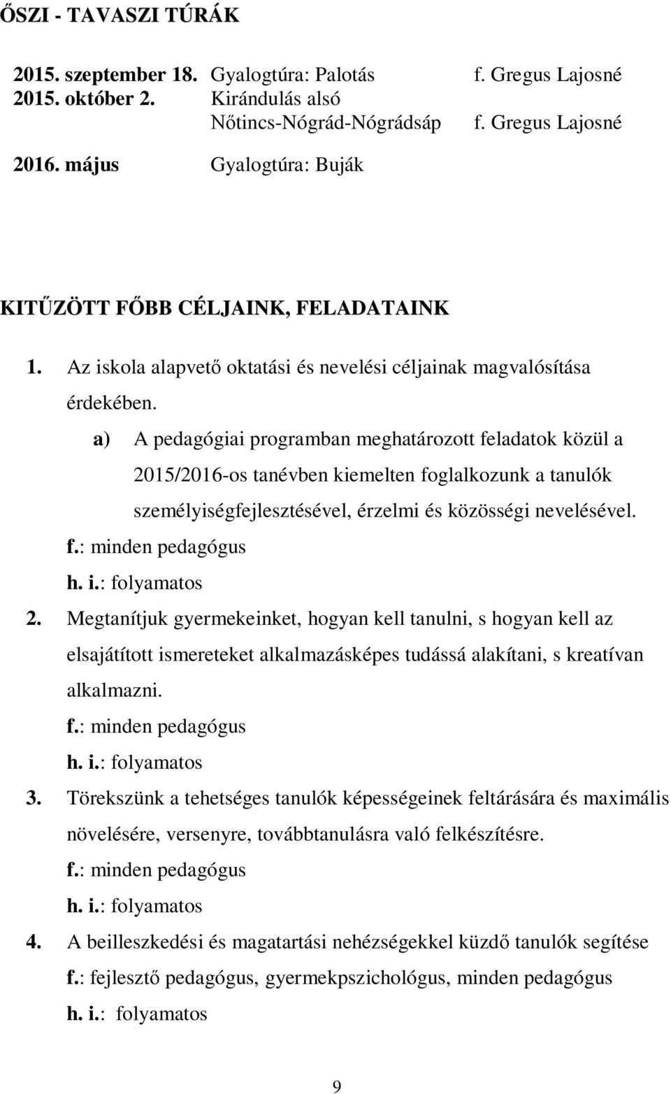 a) A pedagógiai programban meghatározott feladatok közül a 2015/2016-os tanévben kiemelten foglalkozunk a tanulók személyiségfejlesztésével, érzelmi és közösségi nevelésével. f.: minden pedagógus 2.