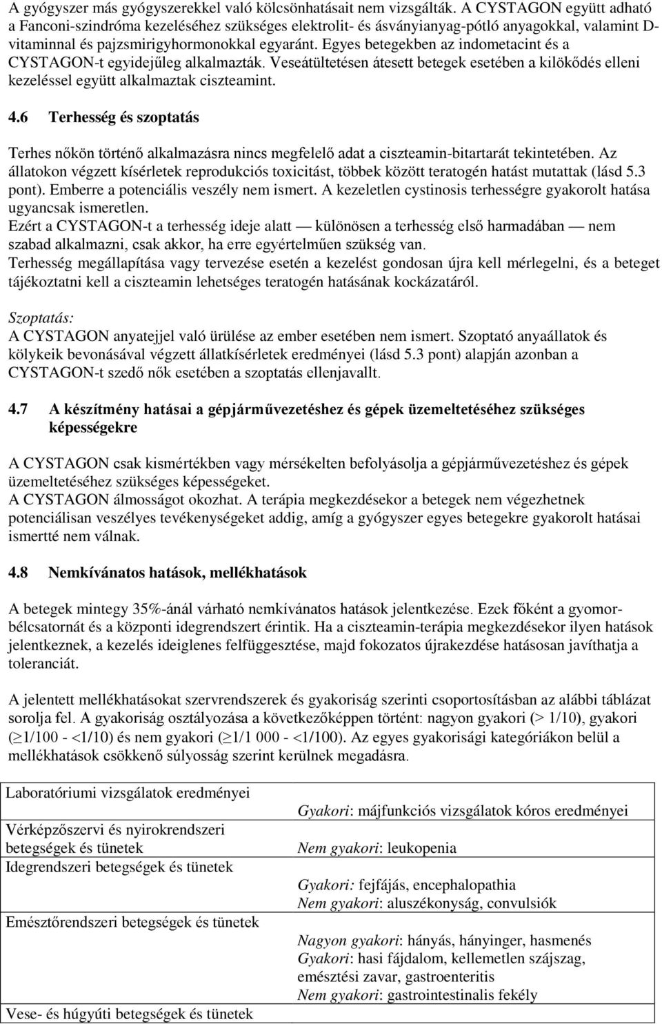 Egyes betegekben az indometacint és a CYSTAGON-t egyidejűleg alkalmazták. Veseátültetésen átesett betegek esetében a kilökődés elleni kezeléssel együtt alkalmaztak ciszteamint. 4.