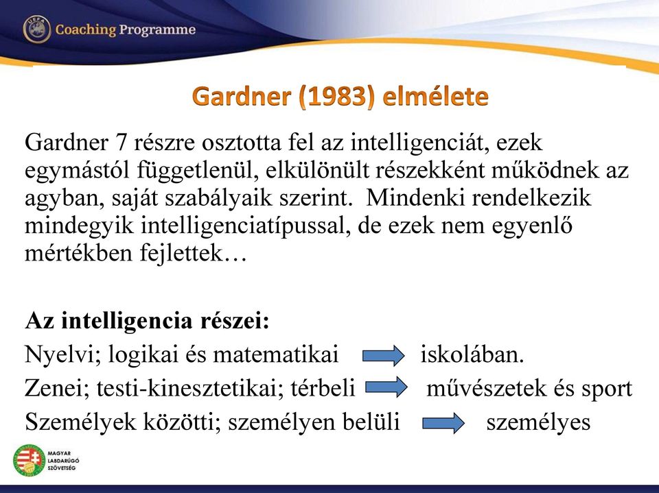 Mindenki rendelkezik mindegyik intelligenciatípussal, de ezek nem egyenlő mértékben fejlettek Az