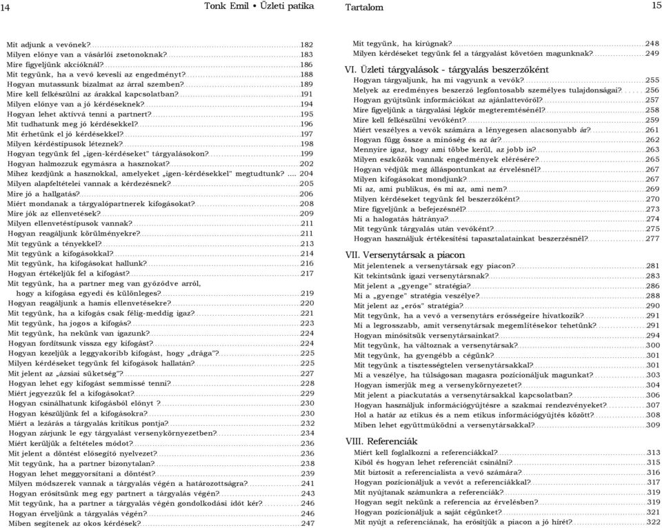 195 Mit tudhatunk meg jó kérdésekkel? 196 Mit érhetünk el jó kérdésekkel? 197 Milyen kérdéstípusok léteznek? 198 Hogyan tegyünk fel igen-kérdéseket" tárgyalásokon?