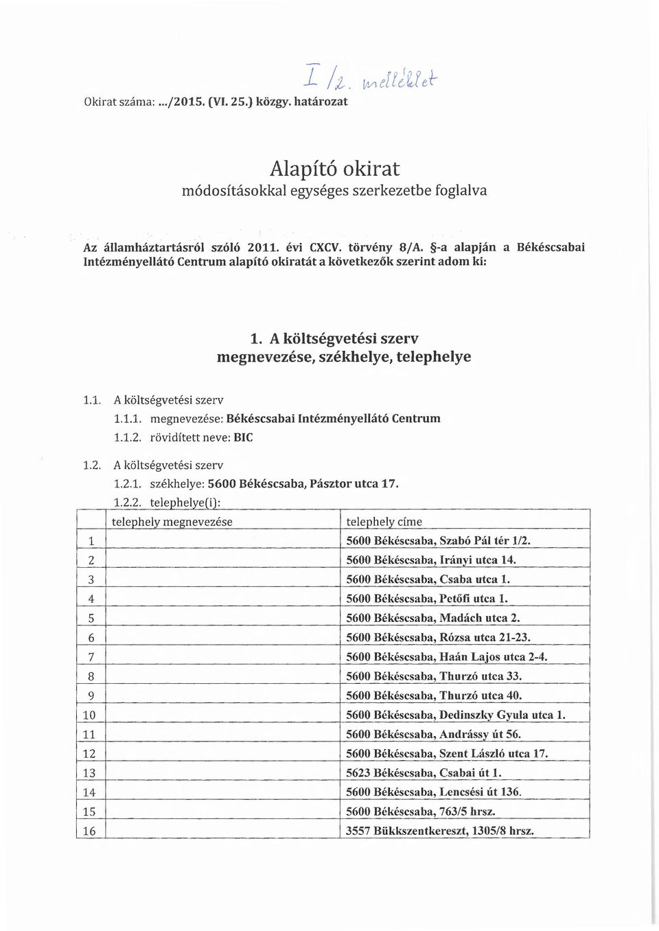 1.. rövidített neve: BIC 1.. A költségvetési szerv 1..1. székhelye: 5600 Békéscsaba, Pásztor utca 17. 1... telephelye(i): telephely megnevezése telephely címe 1 5600 Békéscsaba, Szabó Pál tér 11.