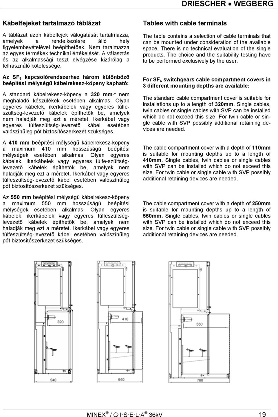 Az SF 6 kapcsolórendszerhez három különböző beépítési mélységű kábelrekesz-köpeny kapható: A standard kábelrekesz-köpeny a 320 mm-t nem meghaladó készülékek esetében alkalmas.