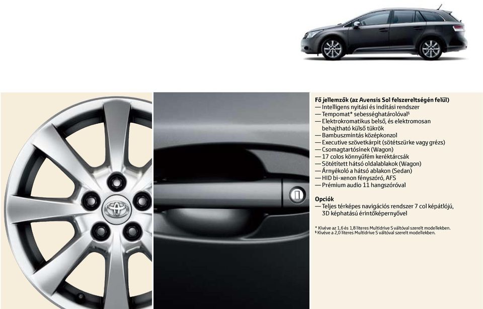hátsó oldalablakok (Wagon) Árnyékoló a hátsó ablakon (Sedan) HID bi-xenon fényszóró, AFS Prémium audio 11 hangszóróval Opciók Teljes térképes navigációs rendszer 7 col