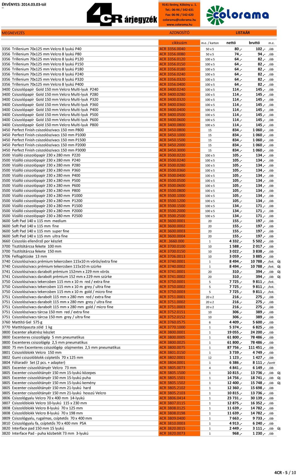 0150 100 x 5 64,- 82,- /db 3356 Trillenium 70x125 mm Velcro 8 lyukú P180 4CR 3356.0180 100 x 5 64,- 82,- /db 3356 Trillenium 70x125 mm Velcro 8 lyukú P240 4CR 3356.