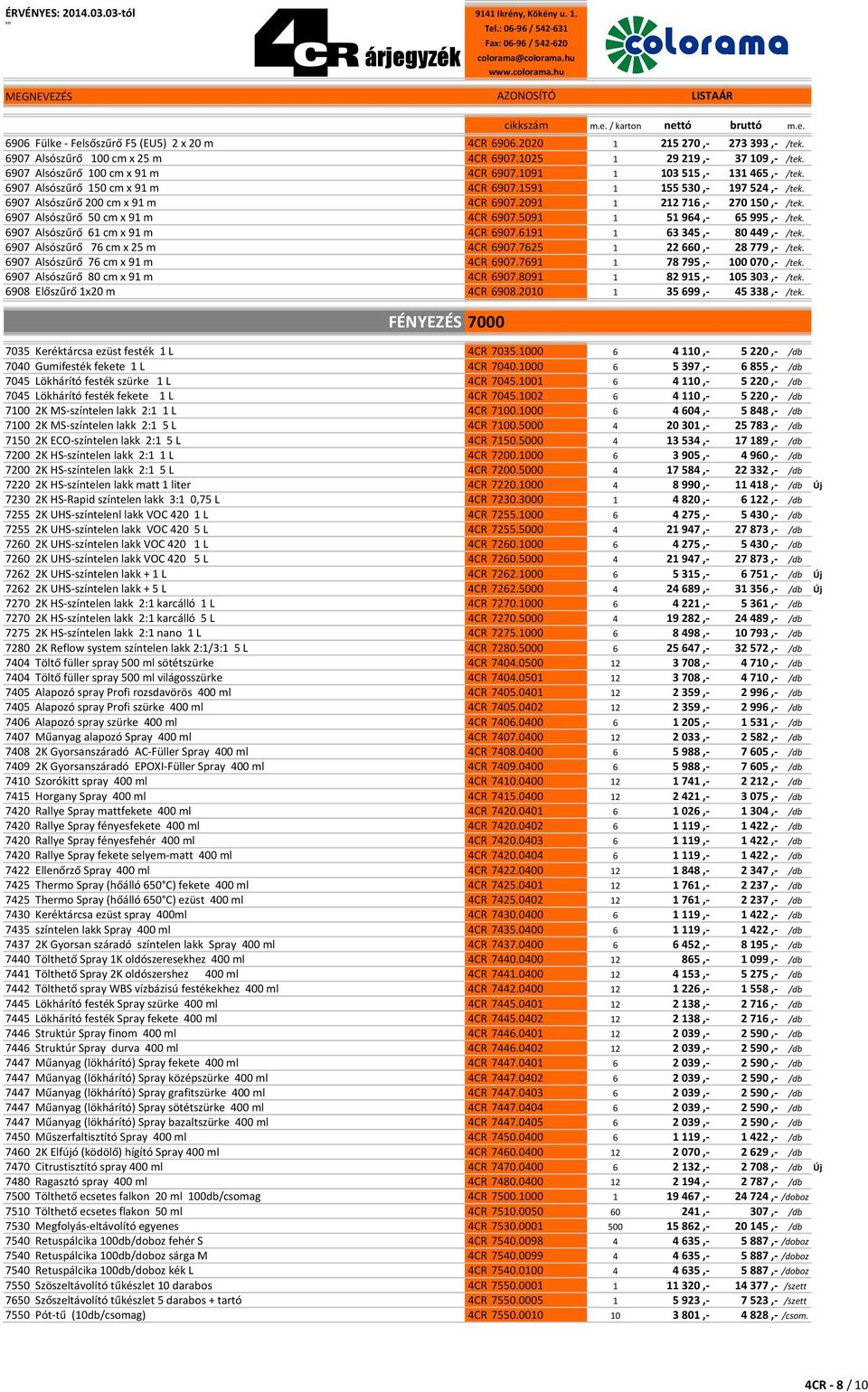 6907 Alsószűrő 50 cm x 91 m 4CR 6907.5091 1 51 964,- 65 995,- /tek. 6907 Alsószűrő 61 cm x 91 m 4CR 6907.6191 1 63 345,- 80 449,- /tek. 6907 Alsószűrő 76 cm x 25 m 4CR 6907.