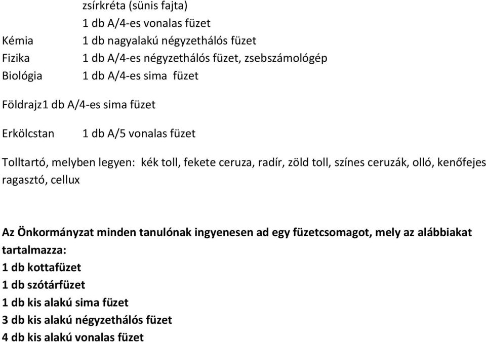 ceruza, radír, zöld toll, színes ceruzák, olló, kenőfejes ragasztó, cellux Az Önkormányzat minden tanulónak ingyenesen ad egy