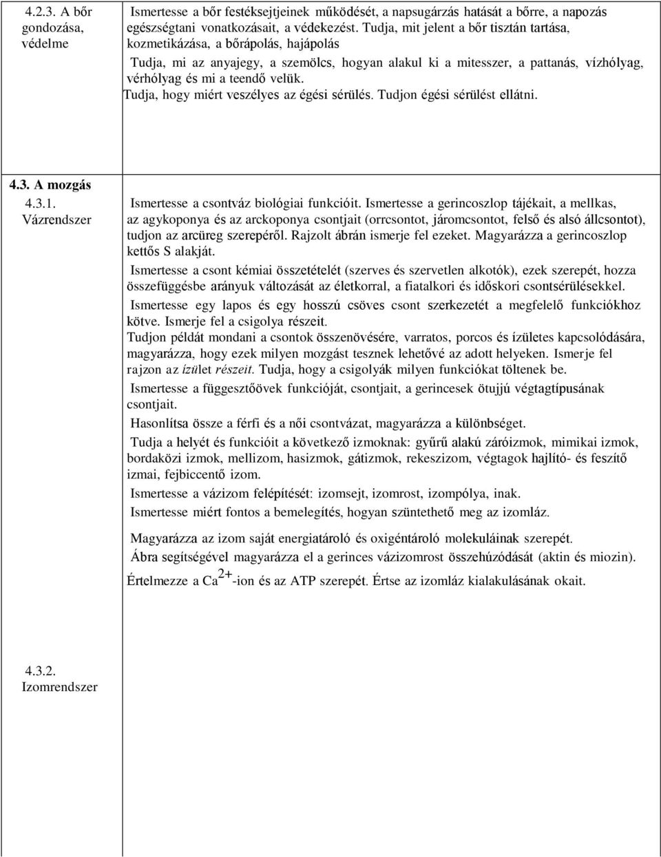 Tudja, hogy miért veszélyes az égési sérülés. Tudjon égési sérülést ellátni. 4.3. A mozgás 4.3.1. Vázrendszer Ismertesse a csontváz biológiai funkcióit.