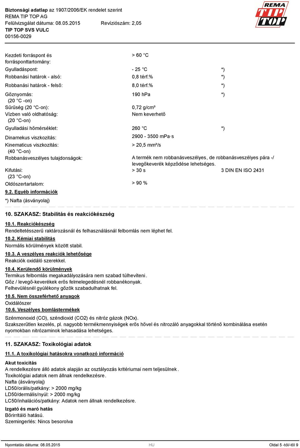 % *) 8,0 térf.% *) 190 hpa *) 0,72 g/cm³ Nem keverhető 260 C *) 2900-500 mpa s > 20,5 mm²/s A termék nem robbanásveszélyes, de robbanásveszélyes pára -/ levegőkeverék képződése lehetséges.