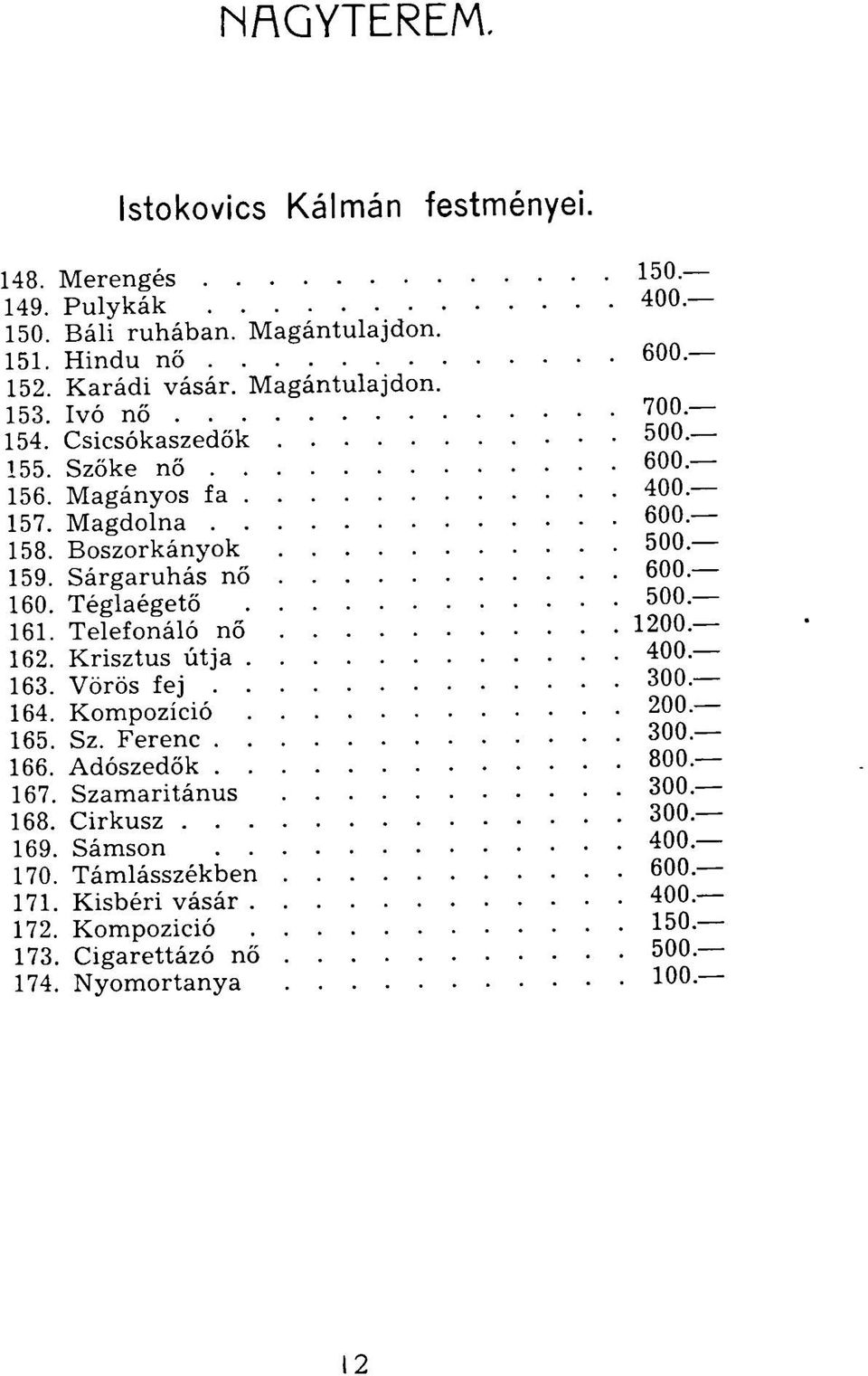 Sárgaruhás nő 600 160. Téglaégető 500 161. Telefonáló nő 1200 162. Krisztus útja 400 163. Vörös fej 300 164. Kompozíció 200 165. Sz. Ferenc 300 166.