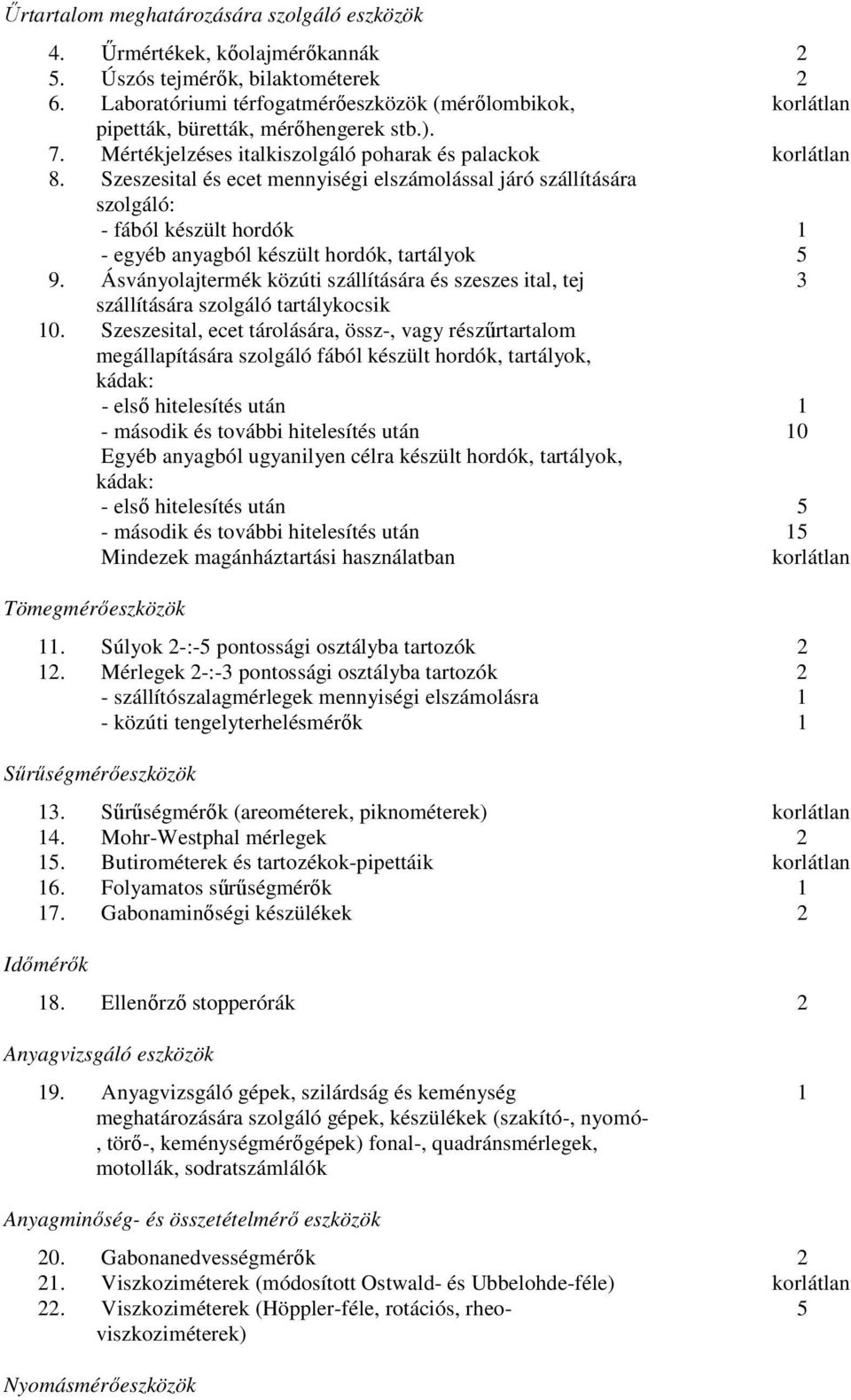 Szeszesital és ecet mennyiségi elszámolással járó szállítására szolgáló: - fából készült hordók 1 - egyéb anyagból készült hordók, tartályok 5 9.