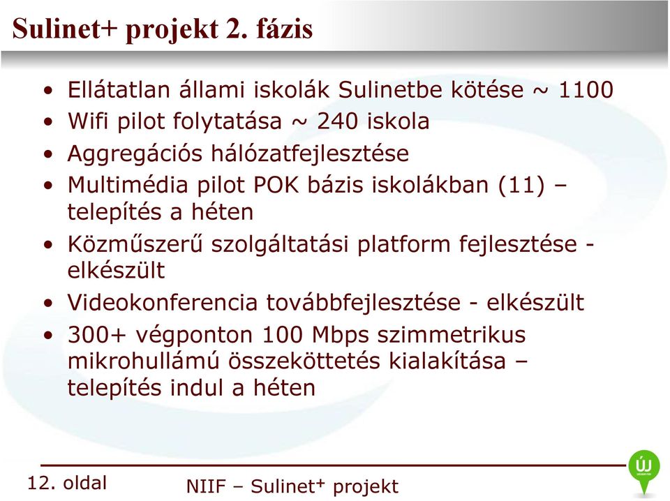 hálózatfejlesztése Multimédia pilot POK bázis iskolákban (11) telepítés a héten Közműszerű szolgáltatási