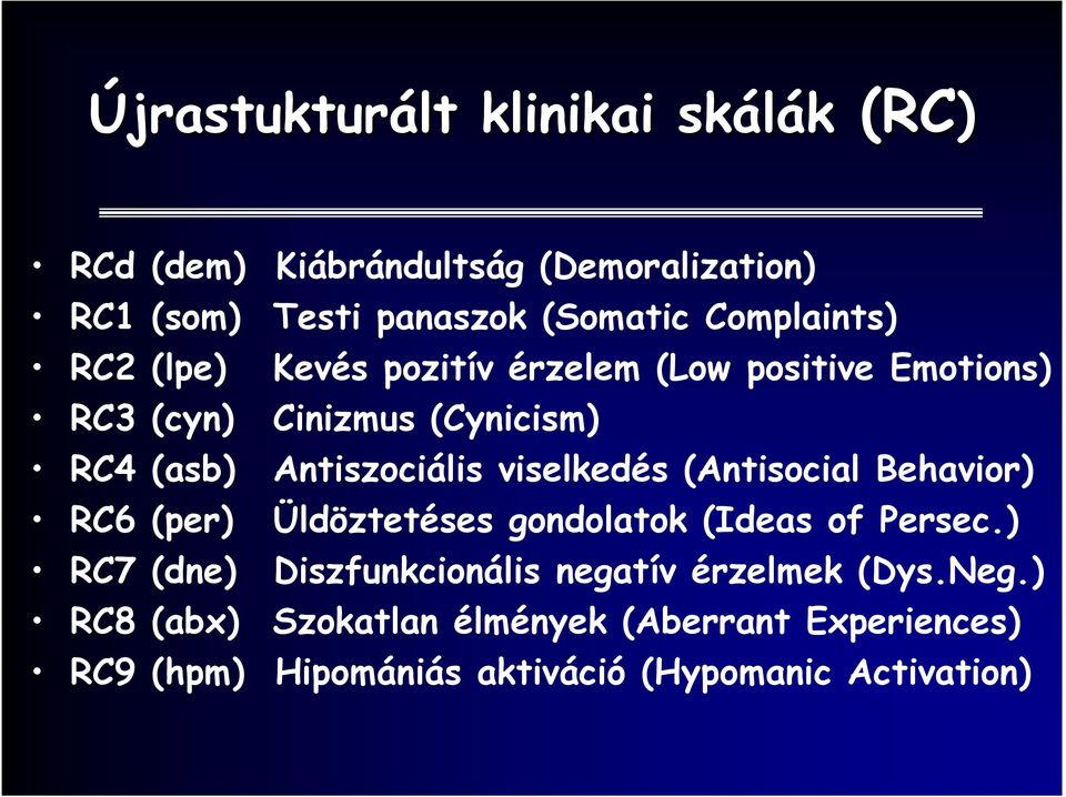 Antiszociális viselkedés (Antisocial Behavior) RC6 (per) Üldöztetéses gondolatok (Ideas of Persec.